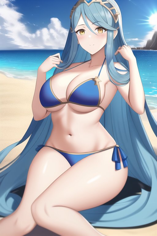 1girls, ai azura art, ai generated, alternate costume, azura (fire emblem), beach, big breasts, bikini, blue bikini, blue hair, blue swimsuit, breasts, cleavage, female, female only, fire emblem, fire emblem fates, hair between eyes, large breasts, light blue hair, long hair, nai diffusion, nintendo, outdoors, smile, solo, stable diffusion, swimsuit, underboob, very long hair, wide hips, yellow eyes