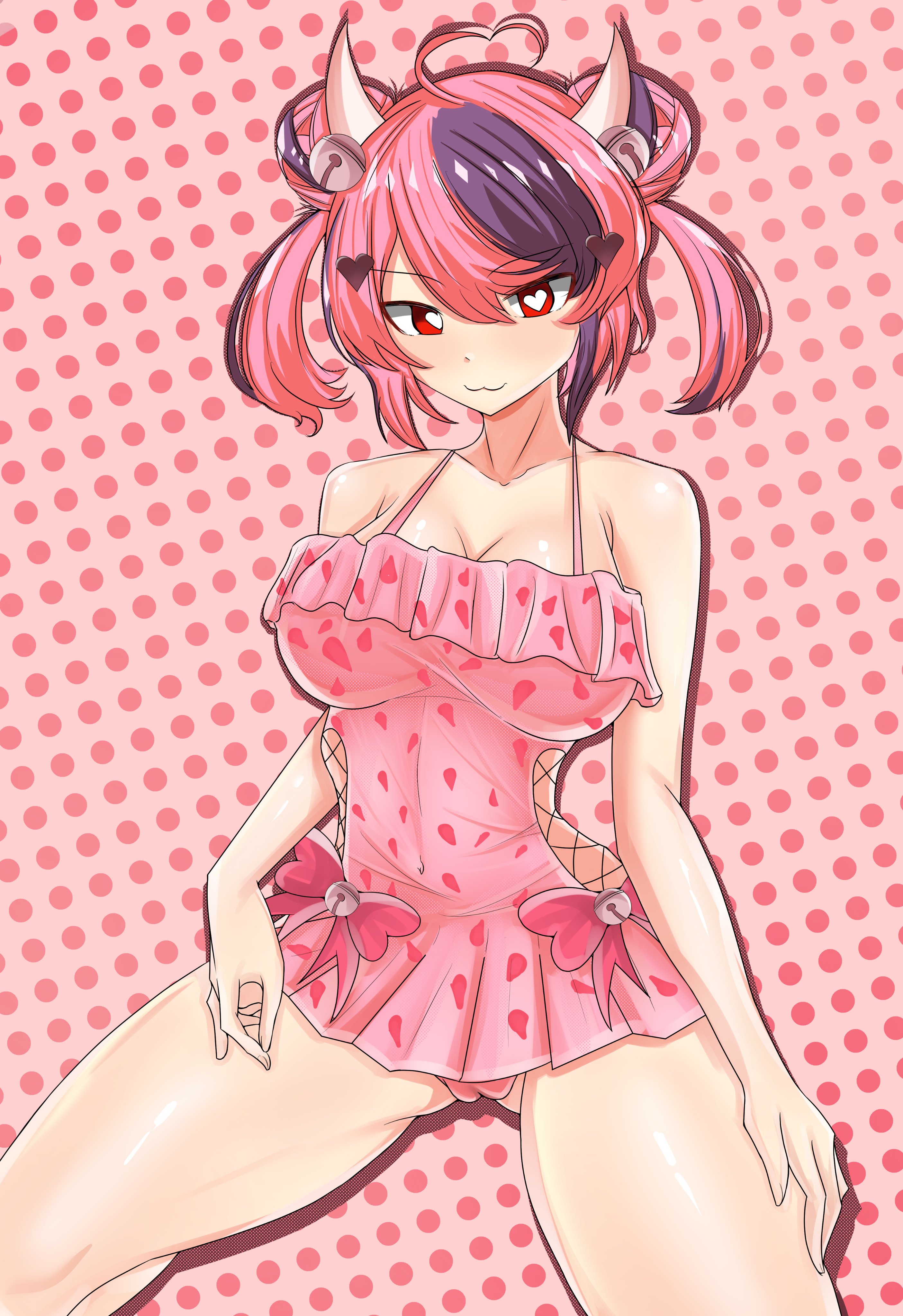 artist request, big breasts, breasts, cleavage, female, female only, heart-shaped pupils, ironmouse, red eyes, solo, solo female, swimsuit, thick thighs, two-tone hair, virtual youtuber, vshojo