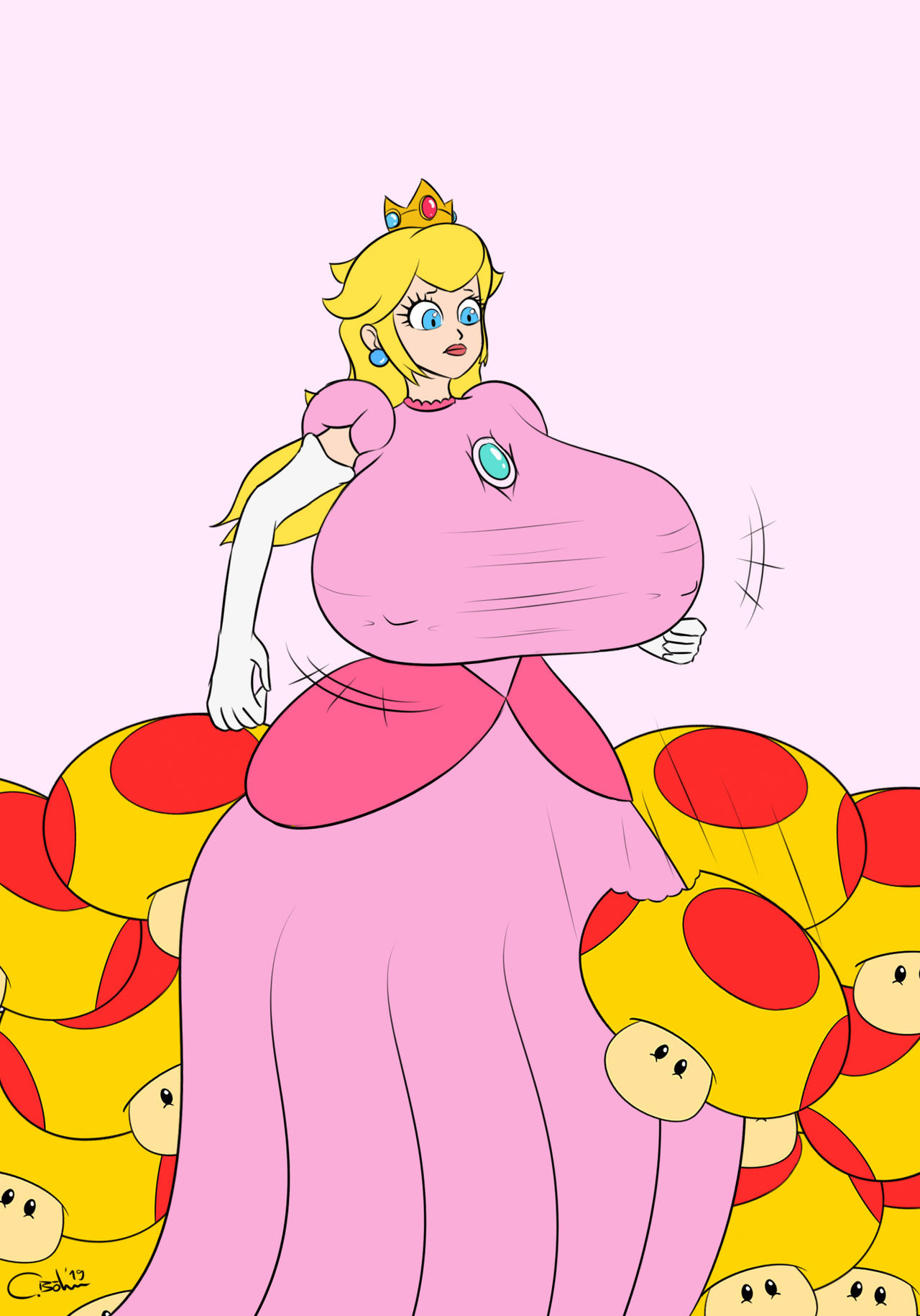 big_breasts blonde_hair breast_expansion breasts cocaarts crown dress female female_focus female_only gloves hyper hyper_breasts mario_(series) mega_mushroom mushroom nintendo nipples_visible_through_clothing pink_dress princess princess_peach red_lips solo solo_female super_mario_bros. tagme tall_female white_gloves yellow_hair