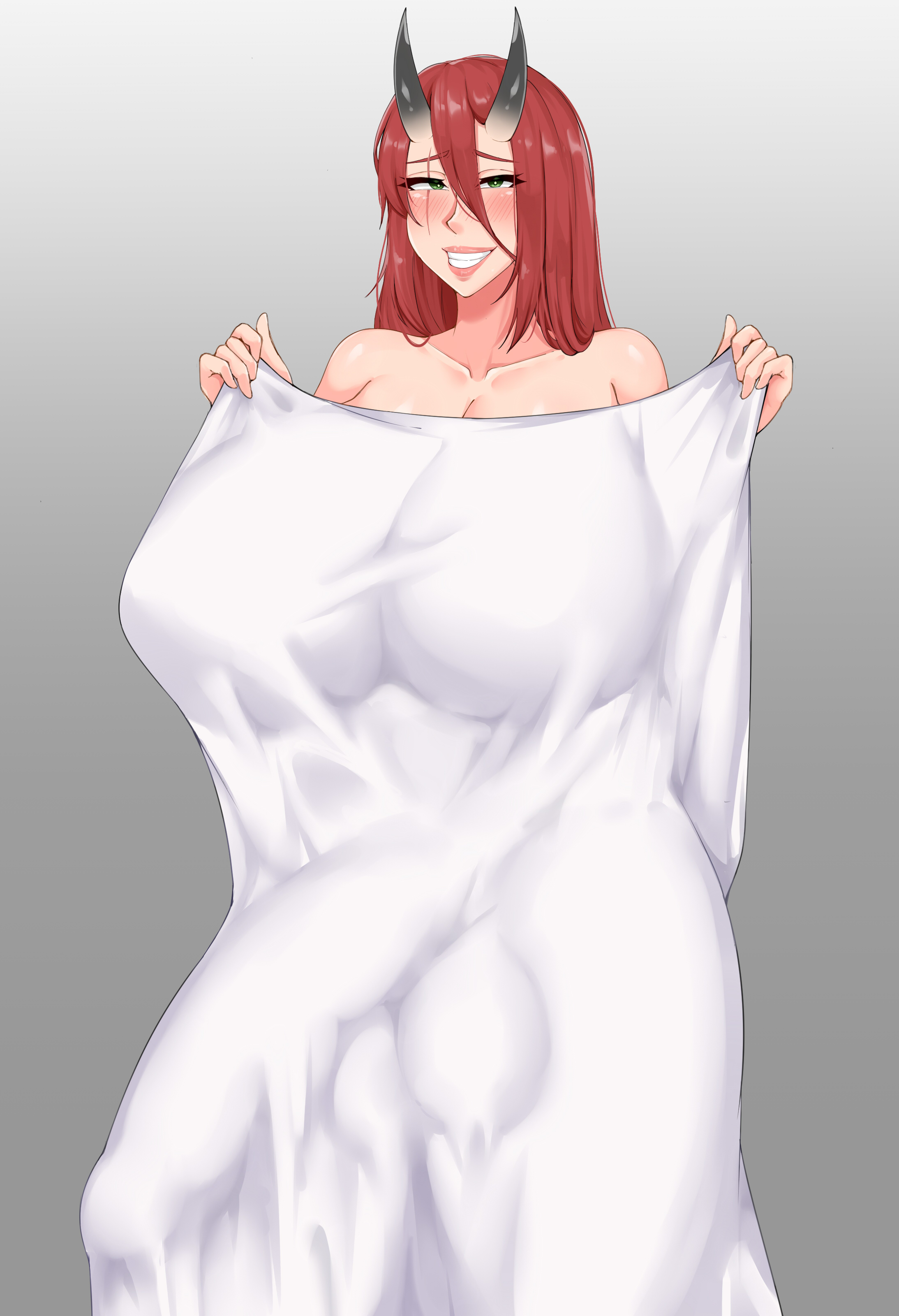 1futa, balls, breasts, bulge, character request, copyright request, erection, futa only, futanari, green eyes, hi res, hips, horns, huge breasts, huge cock, humanoid, humanoid penis, intersex, light skin, light-skinned futa, long hair, penis, pondbs, red hair, slim waist, smile, solo, solo futa, standing, thick thighs, thighs, towel, viktoriaya (pondbs), wide hips