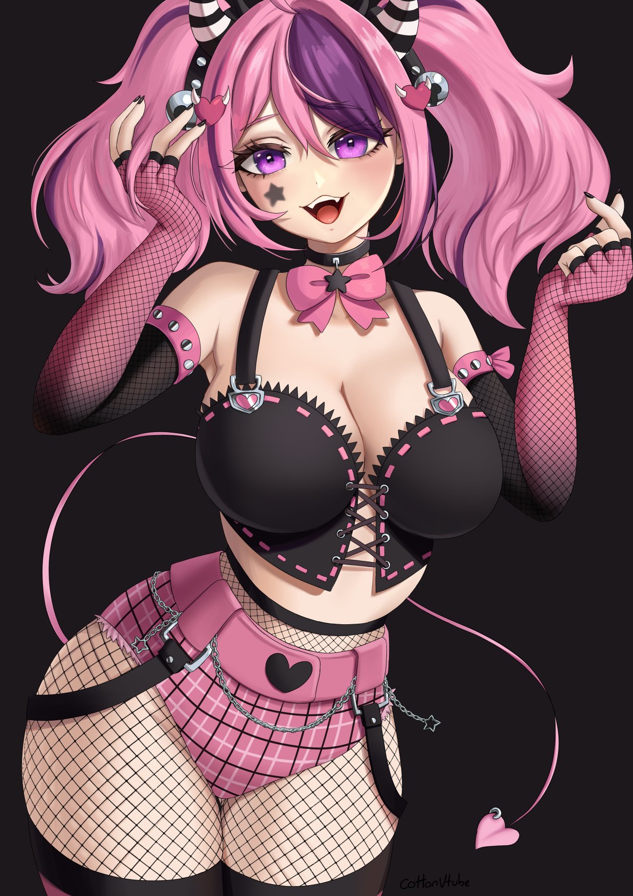 1girls, ass, big ass, big breasts, breasts, cleavage, cottonvtube, demon, female, female only, ironmouse, ironmouse (pink rock), large breasts, solo, solo female, succubus, thick thighs, two-tone hair, virtual youtuber, vshojo, wide hips