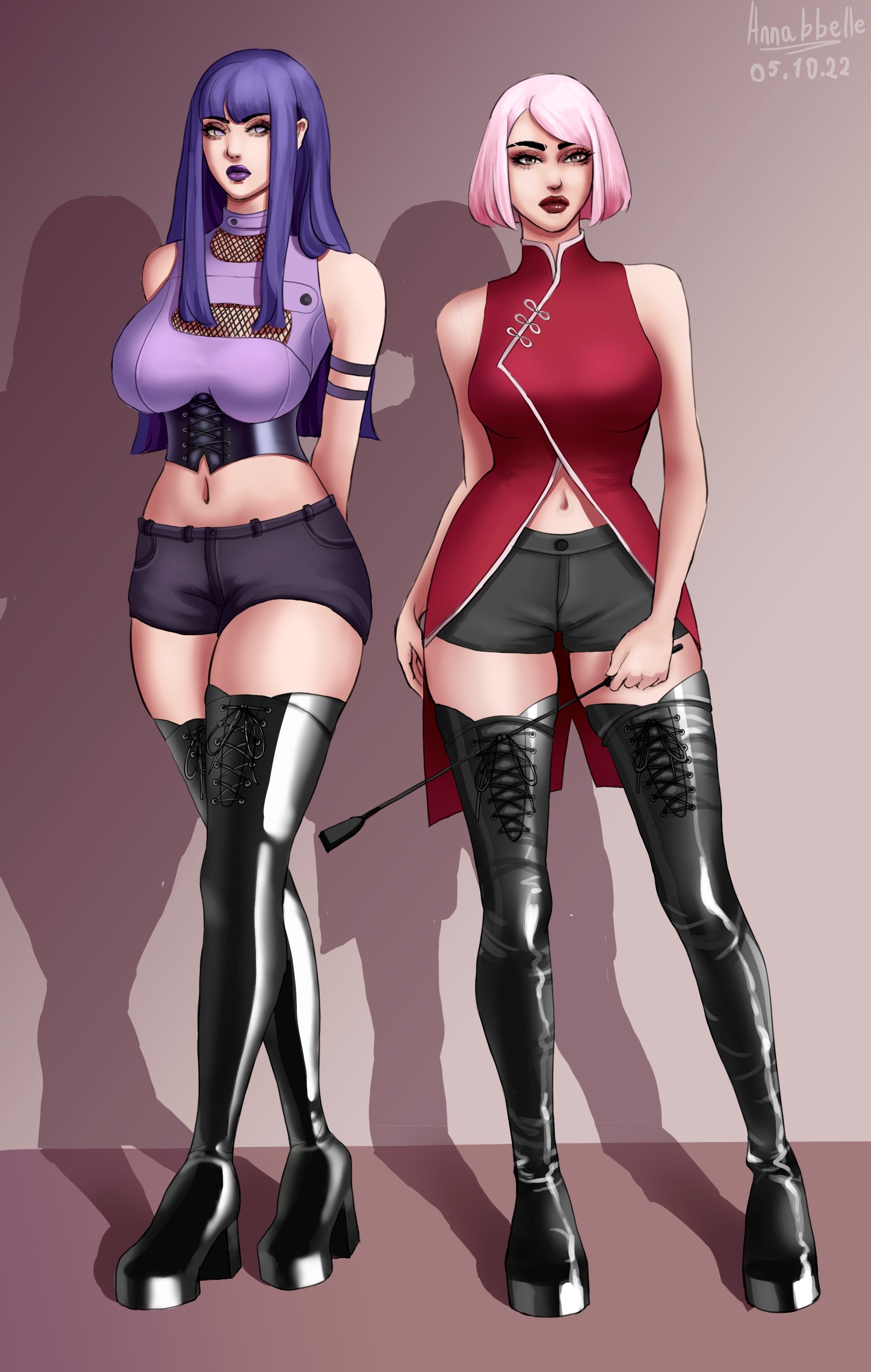 2girls, annabelle18, dominatrix, female, female only, femdom, femsub, holding object, holding whip, hyuuga hinata, light skin, light-skinned female, long hair, looking at viewer, multiple females, multiple girls, naruto, naruto (series), pink hair, purple hair, sakura haruno, thighhigh boots, yuri