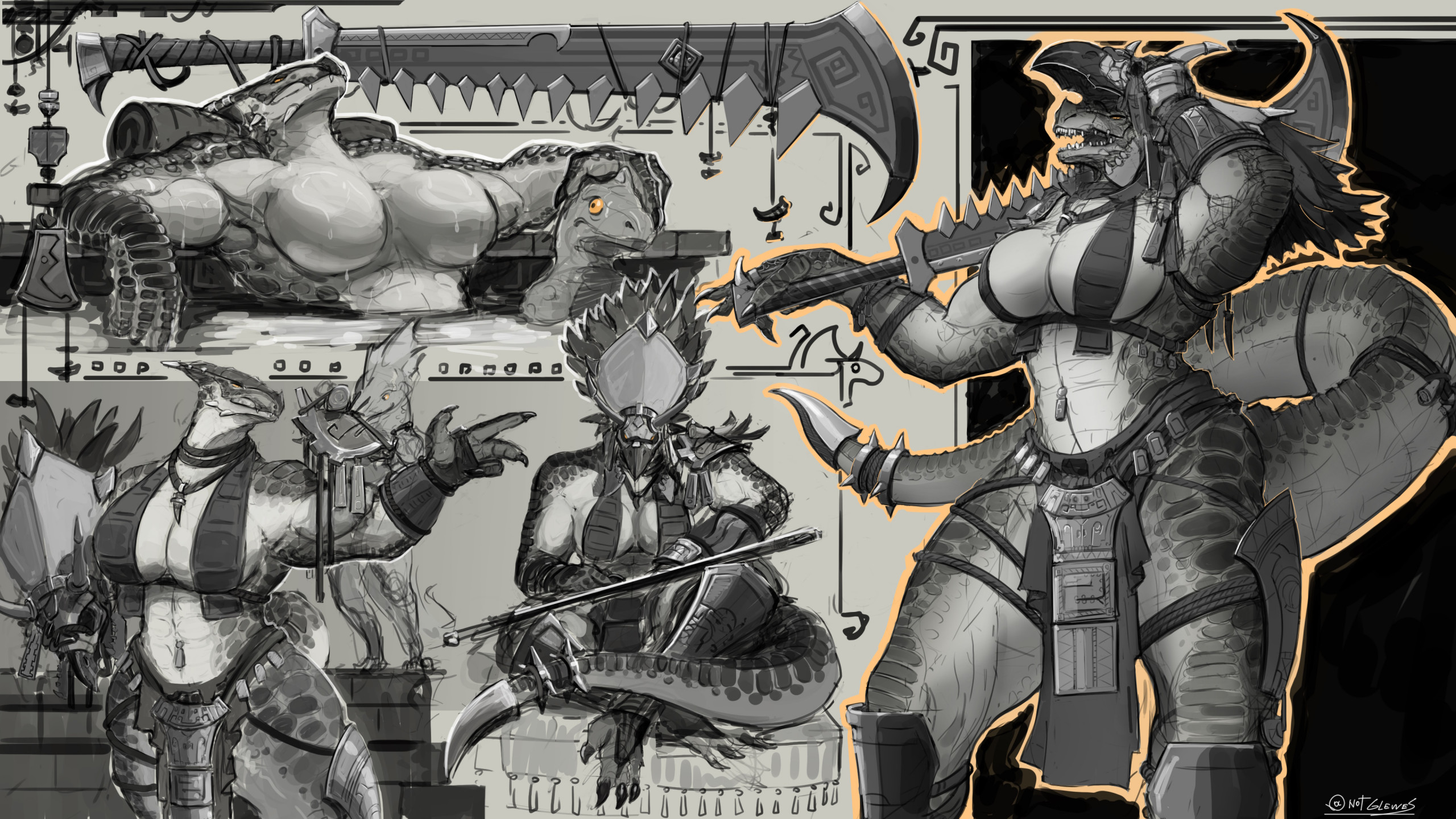 16:9, anthro, armor, bathing, big breasts, bikini armor, breasts, duo, featureless breasts, female, glewes, headgear, helmet, hi res, jewelry, larger female, lizardman, lizardman (warhammer), macuahuitl, male, male/female, melee weapon, multiple scenes, muscular, muscular anthro, muscular female, non-mammal breasts, putting on armor, saurus (warhammer), scalie, sharpening weapon, size difference, sketch page, skink (warhammer fantasy), skull helmet, smaller male, tail, thick tail, thick thighs, tribal, tribal clothing, unconvincing armor, warhammer (franchise), warhammer fantasy, weapon, weapon on shoulder, widescreen