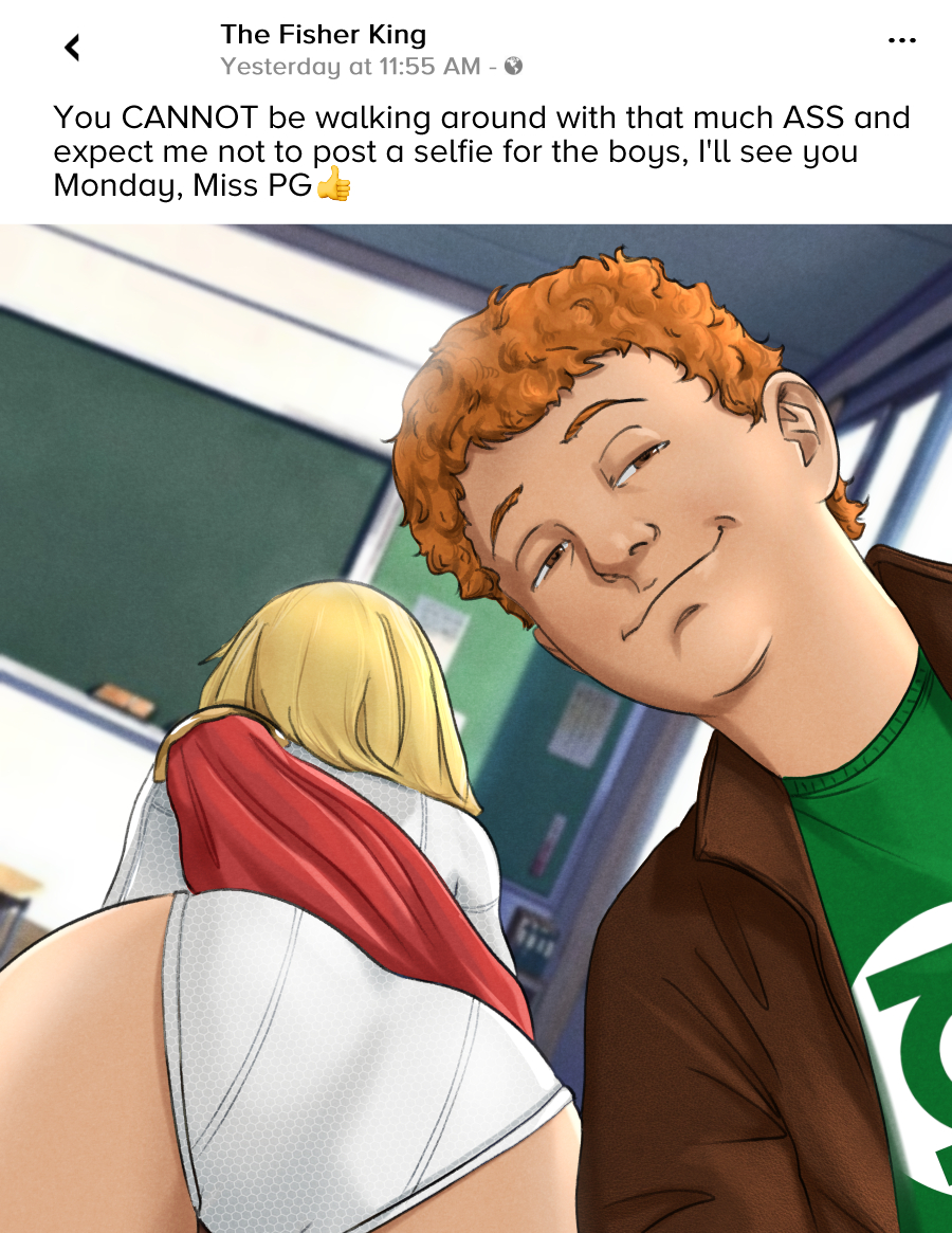 1boy, 1girls, alternate universe, ass, ass cheeks, ass focus, back view, blonde female, blonde hair, butt cheeks, candid, cape, chalkboard, classroom, clothed, clueless, creepshot, dc, dc comics, english, english text, female humiliation, female teacher, fisher (dc), gan (artist), ginger, ginger male, humiliation, imminent disaster, imminent punishment, karen starr, kryptonian, large ass, leotard, male, male pervert, mature female, no sex, objectification, older female, pervert, perverted smile, photo, power girl, public humiliation, revealing clothes, revealing outfit, selfie, selfie ass, sexy clothing, sexy teacher, short hair, smile, smiling, smug, smug face, smug grin, social media, student, superhero costume, superheroine, superman (series), taking picture, taking selfie, teacher, teacher and student, text, text box, unaware, unaware exhibitionist, unintentional exhibitionism, white leotard, you cannot be walking around with that much ass (meme), young, younger male