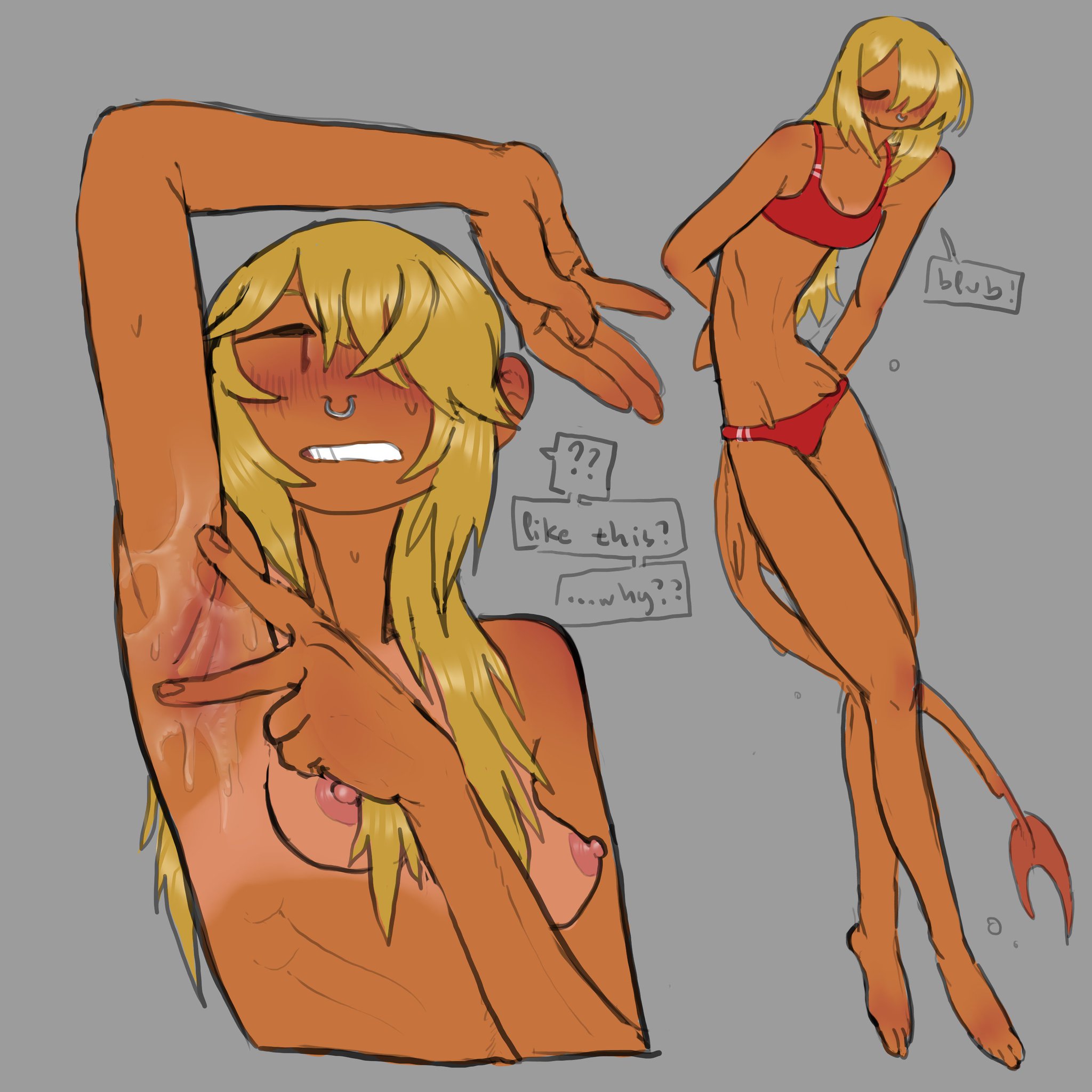 ??, 1girls, amaranth (thecore34), armpit, armpit fetish, armpit spread, arms behind back, arms behind head, arms up, blonde female, blonde hair, blush, blush lines, breasts, close-up, closed eyes, excessive sweat, fingers, humanoid, long hair, nose piercing, original, pinup, questioning, shark fin, shark girl, shark tail, sweat, sweaty armpits, sweaty body, swimwear, tail, tall female, tan body, tanline, thecore34, two-tone tail