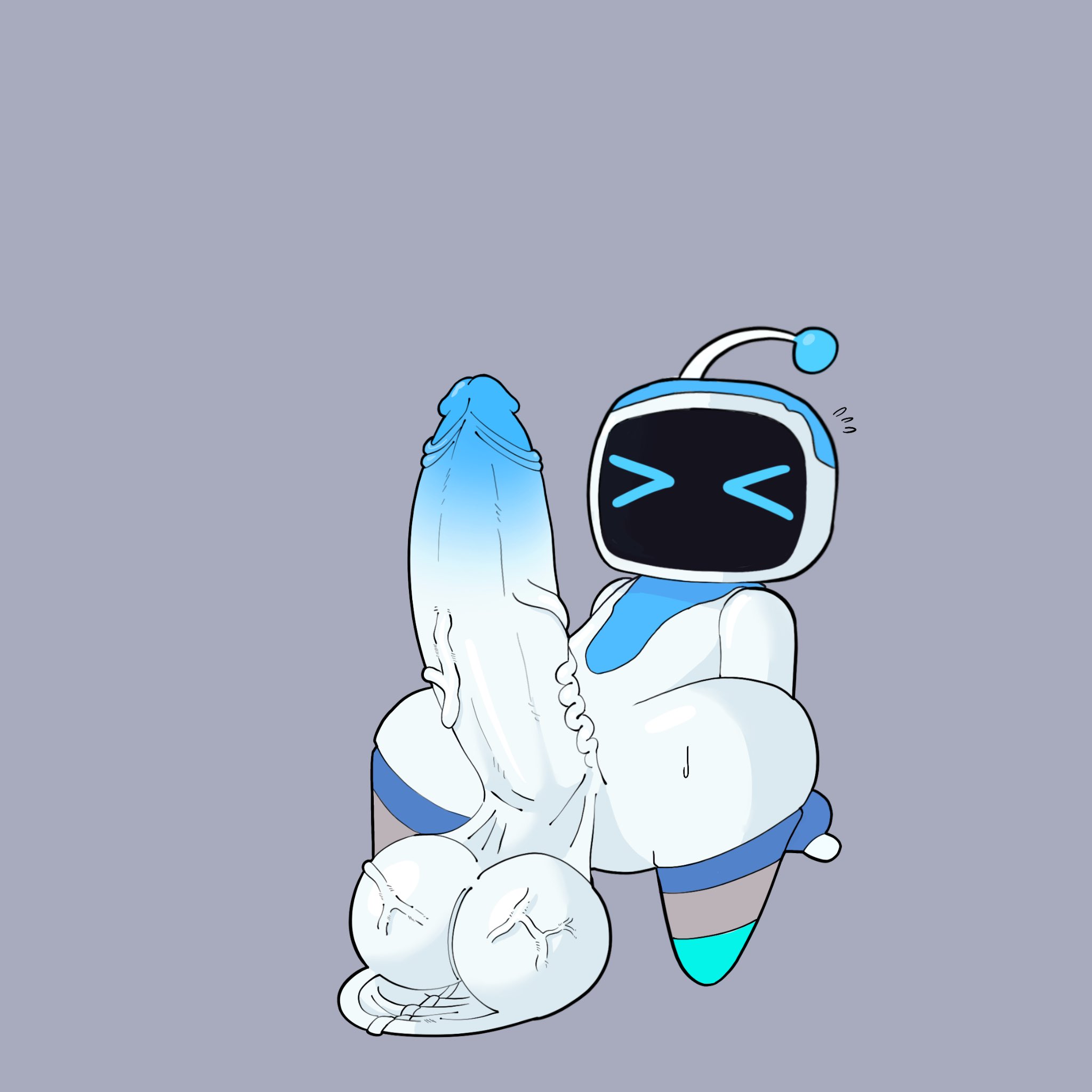 1boy, antennae, antennae (anatomy), anthro, astro (astro bot), astro bot, astro bot (series), balls, big balls, big penis, blue body, blue eyes, blue penis, blue skin, digital media (artwork), erect nipples, erect penis, f d e i a, gay, grey background, huge cock, humanoid, hyper penis, male, male focus, male only, oeeo, penis, robot, sitting, solo, solo focus, solo male, stubby feet, veins, veiny penis, white body, white penis, white skin, yaoi