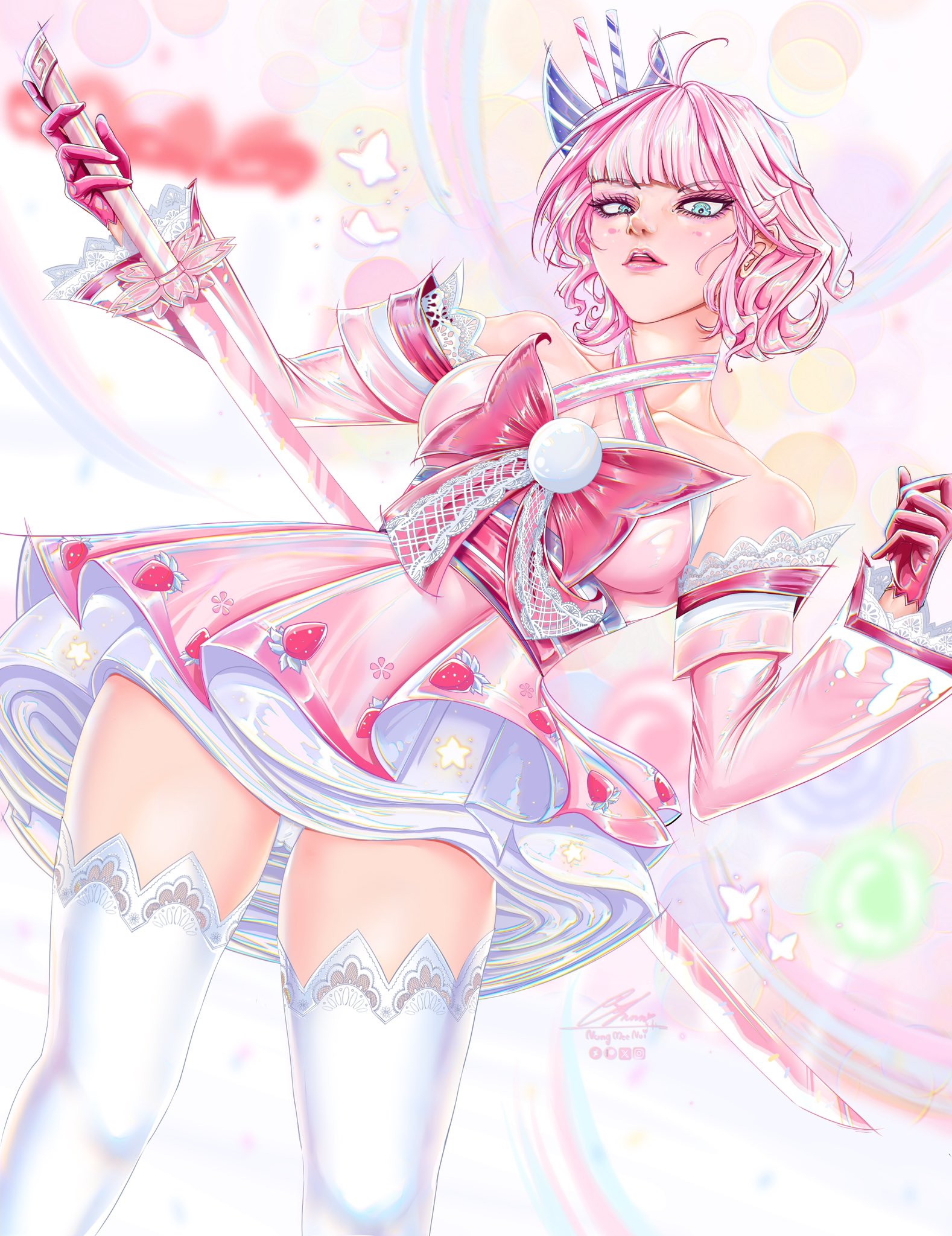 1girls, breasts, dress, female, female only, fully clothed, marvel, marvel comics, marvel rivals, nungmeenui, pink hair, psylocke, psylocke (sai), psylocke (sai) (daring daifuku), short hair, solo, thighhighs, underwear, upskirt, white underwear, x-men