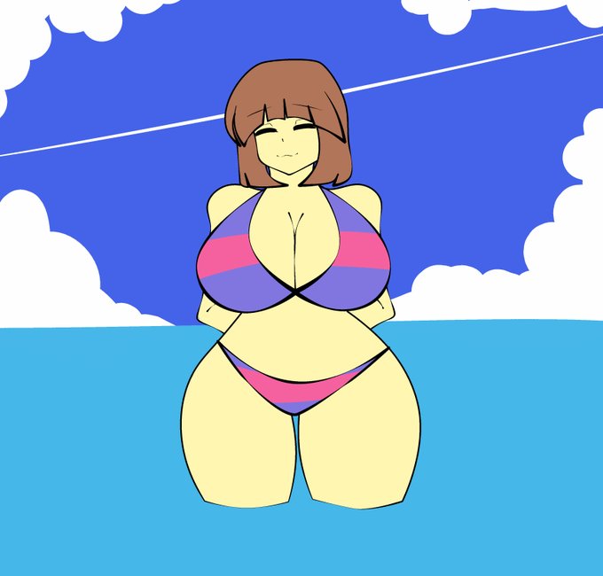 arms behind back, big breasts, breasts, brown hair, closed eyes, clouds, female, female focus, female frisk, female only, frisk, frisk (undertale), hips, legs, ocean, sea, sky, solo, solo female, swimsuit, swimwear, undertale, undertale (series), water, yazu (artist), yazuel aliel