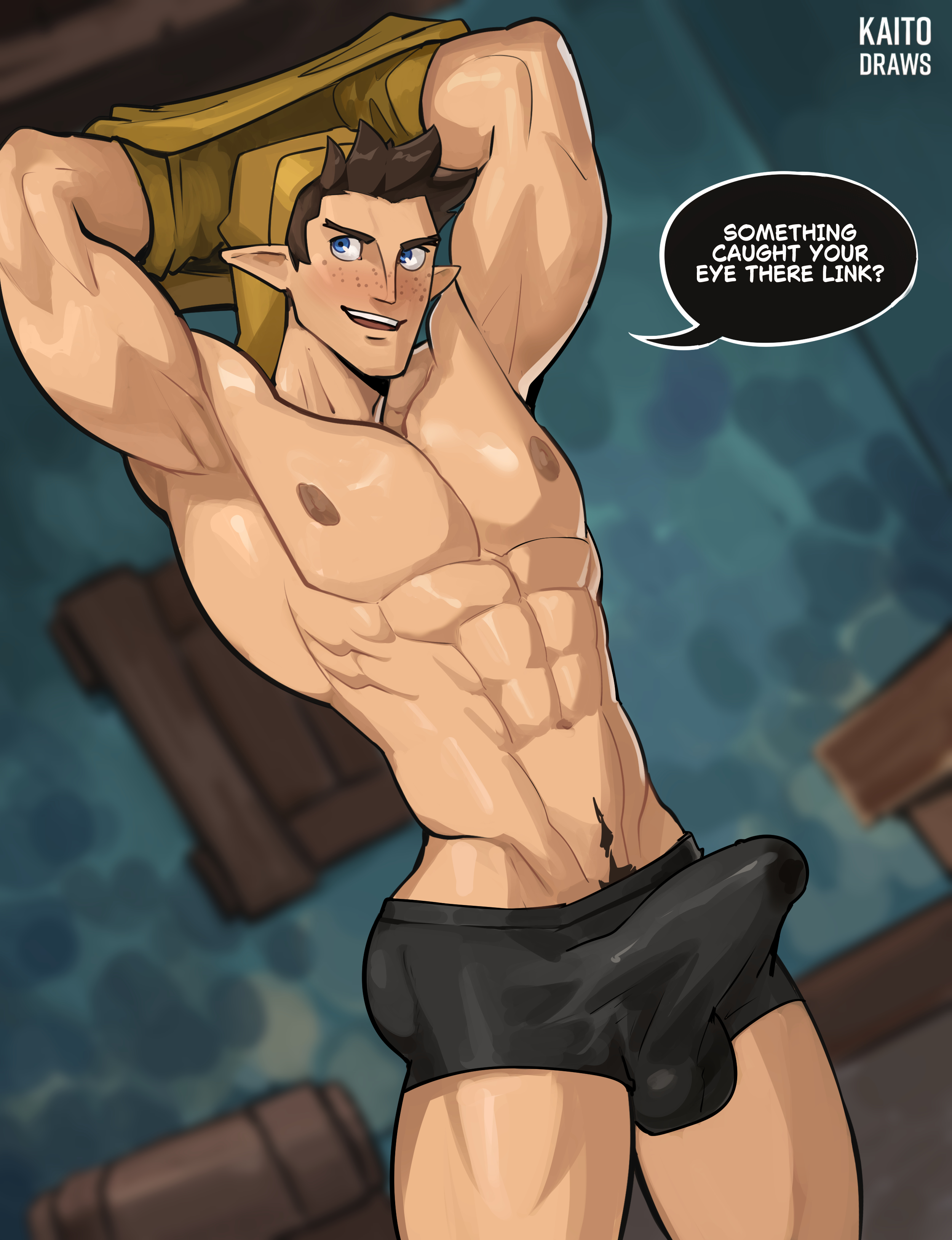abs, bara, biceps, big bulge, bulge, english text, erection under clothes, kaito draws, male, male nipples, male only, manly, muscular male, nintendo, nipples, pecs, penis outline, pipit, pubes, pubic hair, pubic hair peek, skyward sword, text, the legend of zelda, underwear
