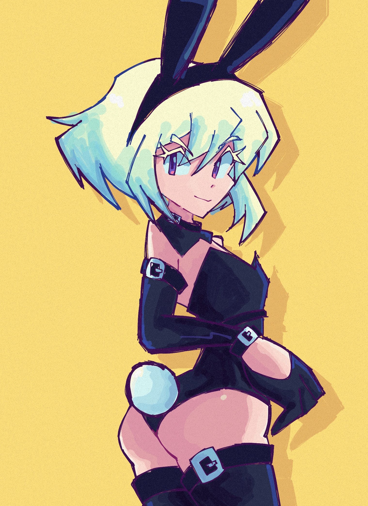 1boy, 2d, androgynous, ass, bob cut, bunny ears, bunny tail, bunnysuit, clothed, clothed male, color, crossdressing, fake animal ears, fake rabbit ears, femboy, femboy only, green hair, lio fotia, male, male only, male playboy bunny, non-nude, petite, petite body, petite male, playboy bunny, playboy bunny costume, promare, rear view, short hair, slim, slim male, slim waist, solo, tagme (artist), unknown artist