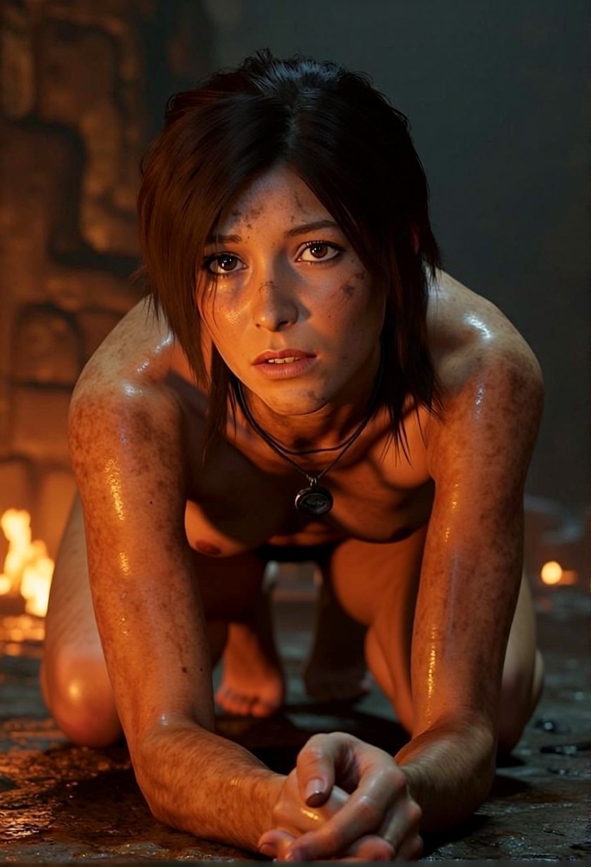1girls, accessory, ai assisted, ai generated, artist request, brown eyes, brown hair, dirt, dirty, eyelashes, feet, female, female only, fire, lara croft, lara croft (survivor), messy, naked, natural breasts, necklace, no sex, nude, nude female, on ground, small breasts, solo, source request, tomb raider, tomb raider (survivor)