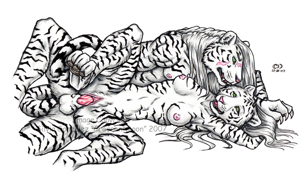 2007 anthro balls black breasts claws couple crescentmoon feline female fur furry green_eyes hair knot long_hair male muscles nipples nude open_mouth pawpads penetration penis pussy scar sex sheath slim straight stripes tail tiger toned vaginal_penetration white_background white_fur white_hair white_tiger