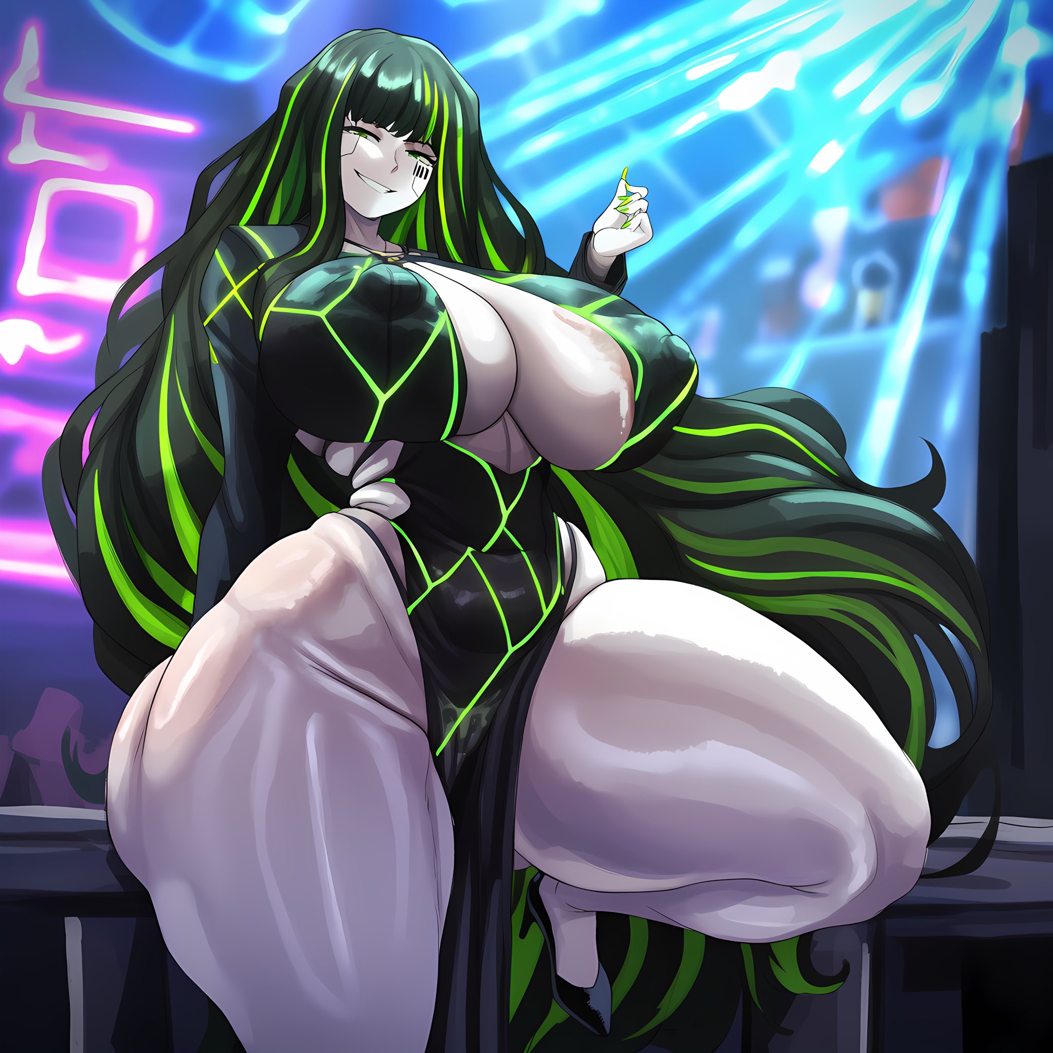 1girls, ai generated, alfonso (limbus company), areolae, barcode, barcode on head, barcode tattoo, bare legs, bare thighs, big breasts, black hair, breasts, breasts bigger than head, child bearing hips, cinderhee, club, dress, female, female only, green eyes, green hair, green nails, heels, huge breasts, large areolae, limbus company, long nails, multicolored hair, nightclub, pale skin, pale-skinned female, project moon, skimpy, skimpy clothes, skimpy dress, solo, solo female, tagme, very long hair