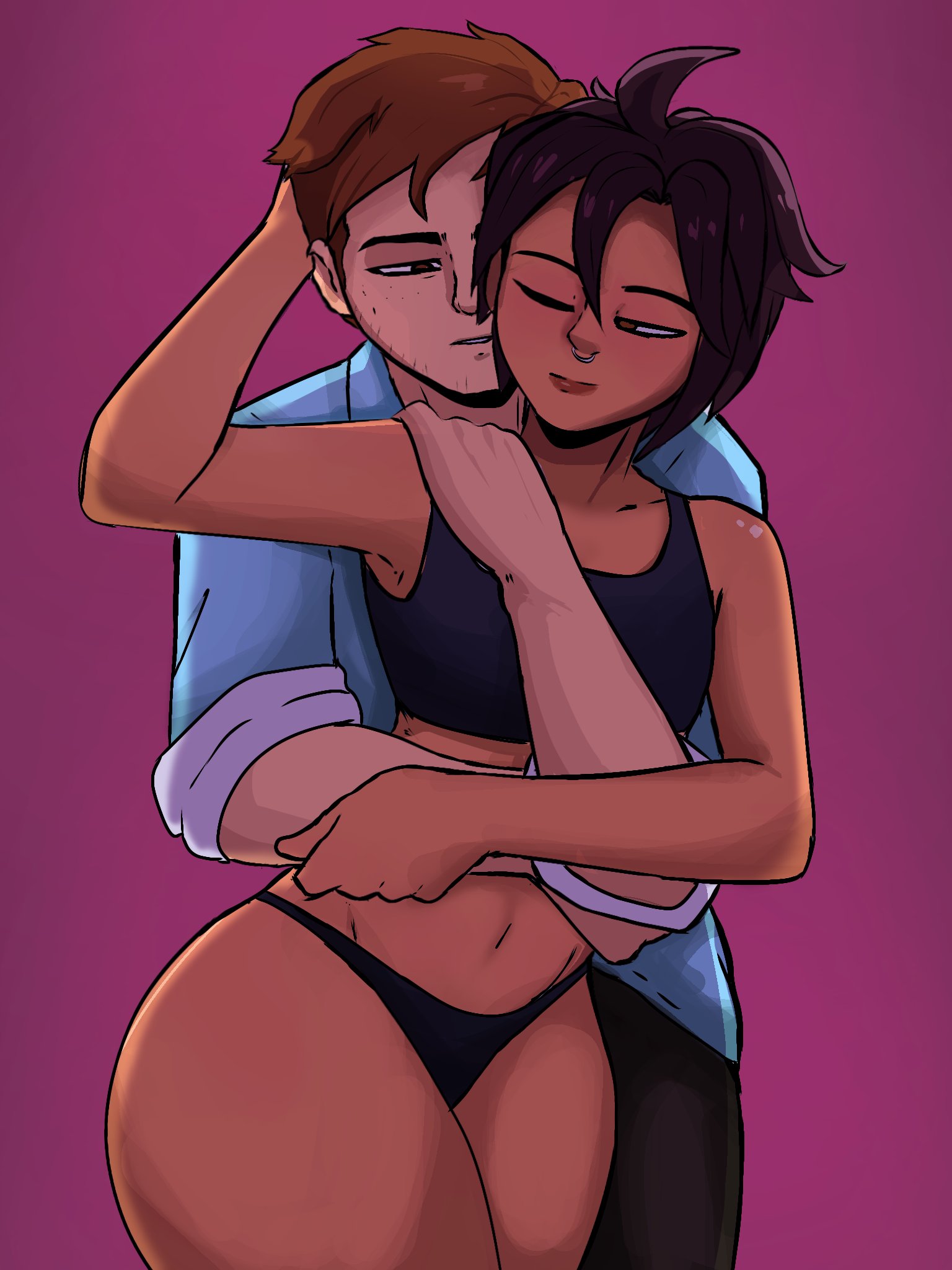 1boy, 1girls, ass, dispatch (game), female, hex doodles, hugging, invisigal, male, nose piercing, robert robertson, short hair, smile, thick thighs
