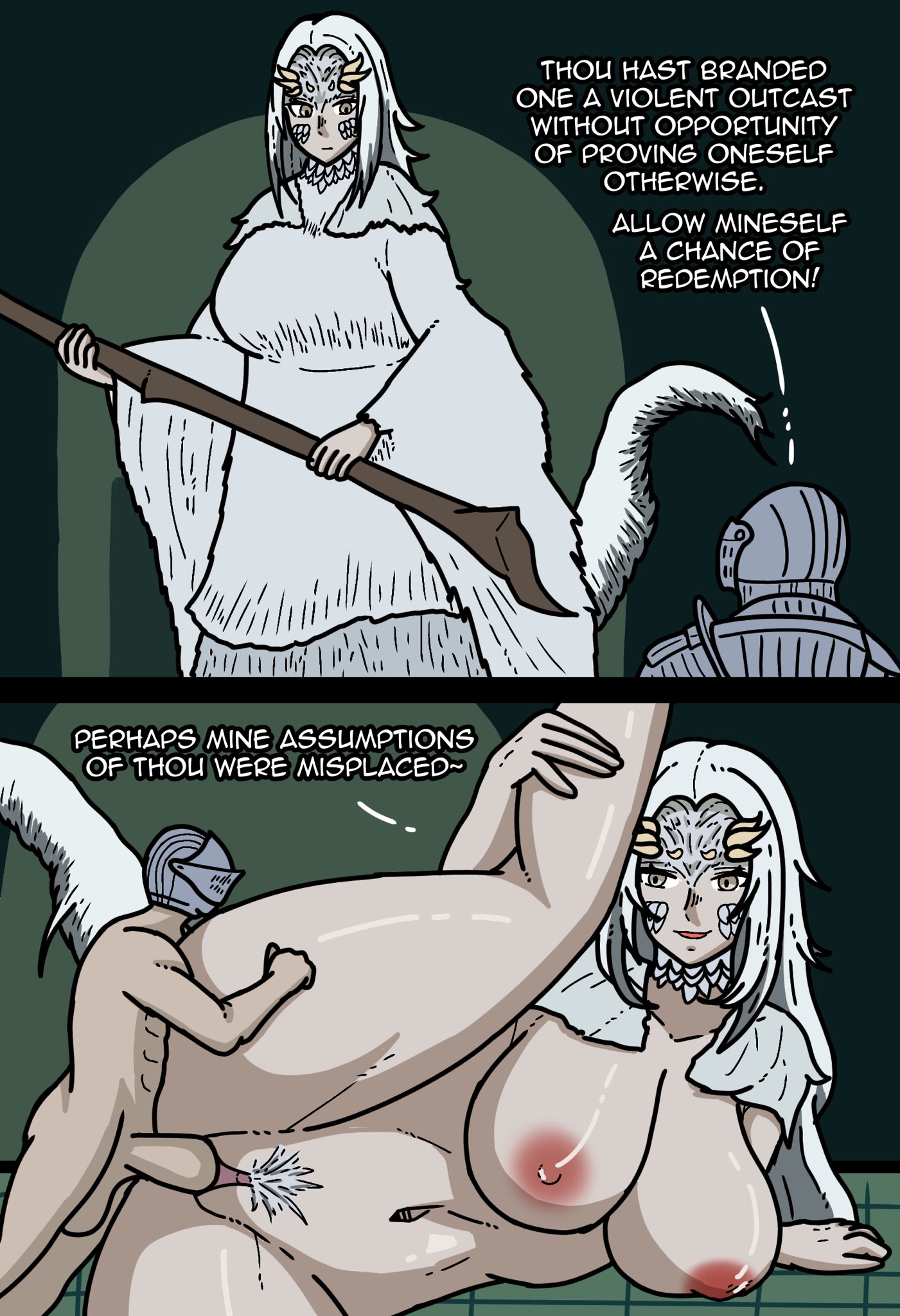 1boy, 1girls, 2koma, apoelayoshi7, armor, bigger female, boobs, breasts, chosen undead, cock, corkscrew position, crossbreed priscilla, dark souls, dick, english text, female pubic hair, genitals, helmet, huge breasts, instant loss, instant loss 2koma, larger female, light skin, light-skinned female, light-skinned male, long hair, long hair female, lying, nipples, no bra, no panties, nude male nude female, on side, penis, pubic hair, sex, size difference, smaller male, talking, text, thick thighs, thighs, tits, vagina, vaginal, vaginal insertion, vaginal penetration, vaginal sex, white hair, white hair female, white pubic hair
