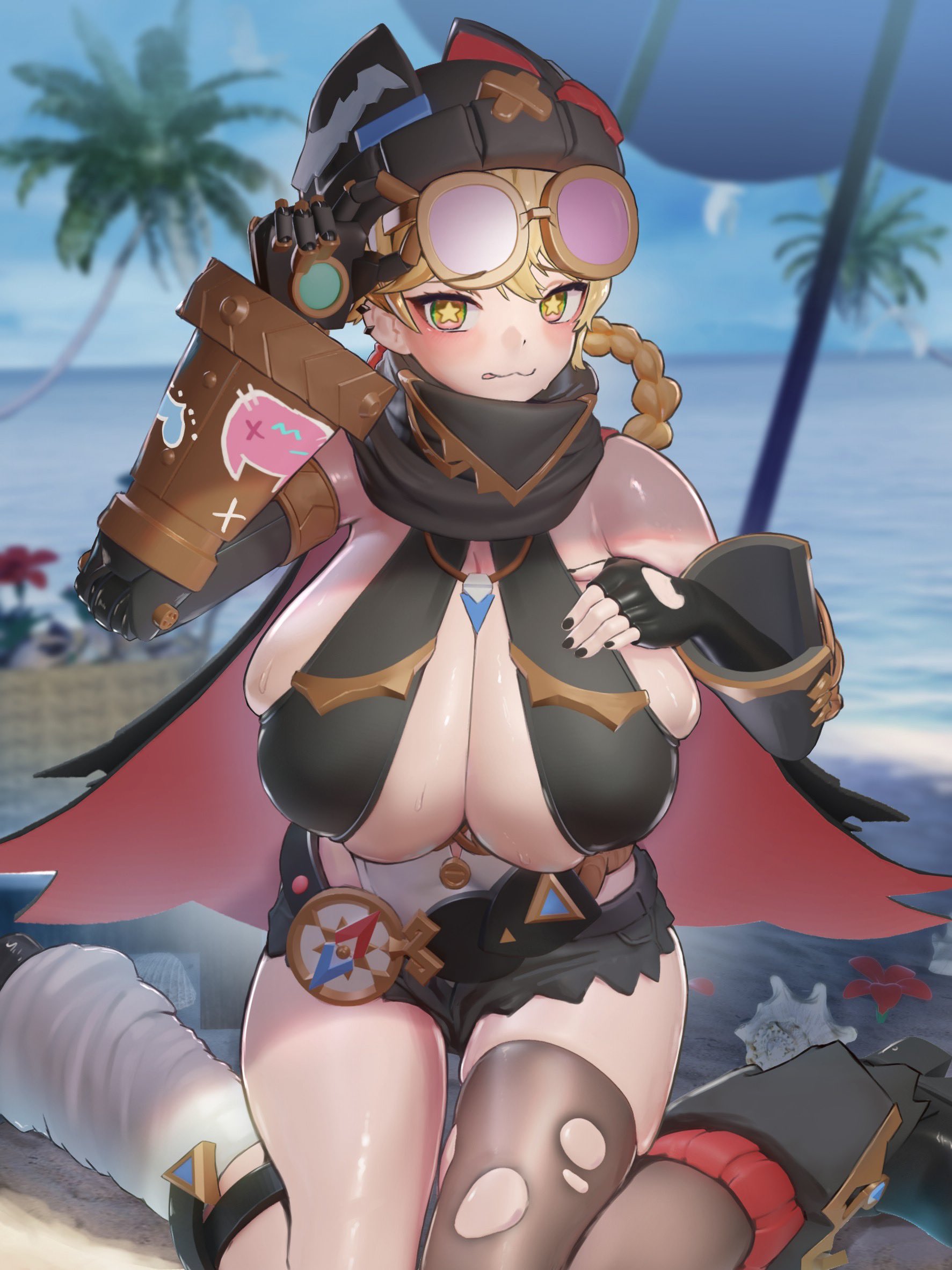 1girls, beach, beach background, big ass, blush, breasts bigger than head, cute, cute fang, female focus, genshin impact, goggles, hand on breast, huge breasts, jahoda (genshin impact), looking at viewer, mostly clothed, peroperoperori, ripped stockings, robotic arm, skimpy, skimpy clothes, solo female, teasing, thick thighs