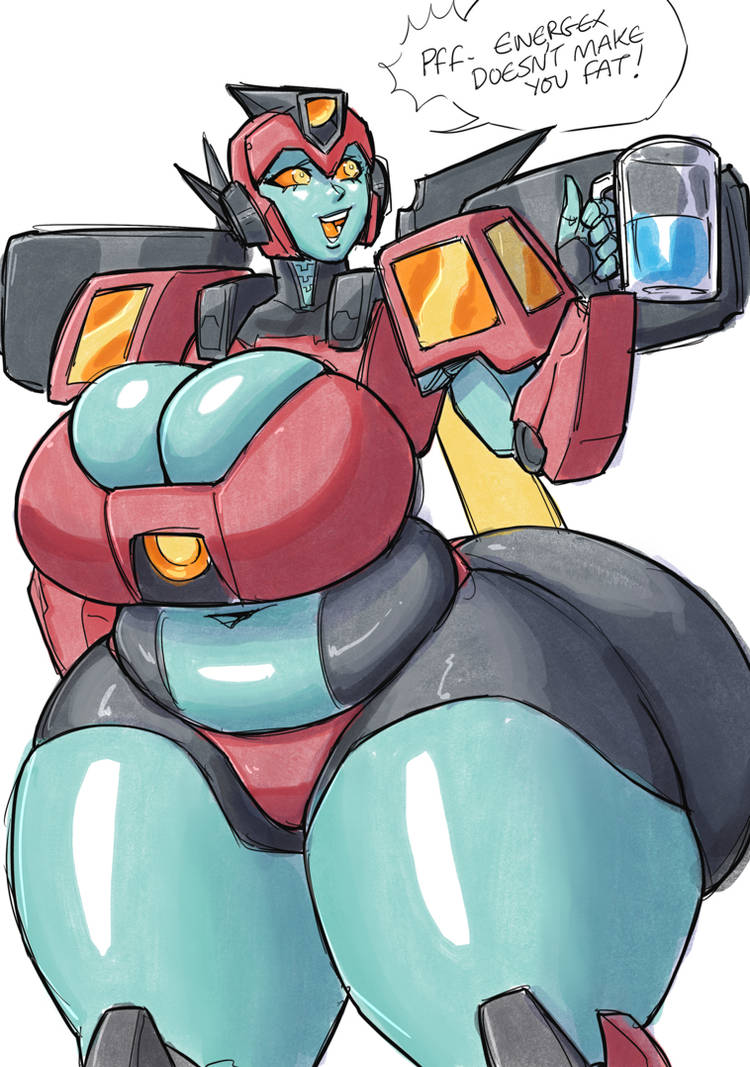 ass expansion, big ass, breast expansion, breasts, chubby female, dialogue, donut doodles, drink, energon, female, female only, large breasts, large thighs, questionable, robot girl, slightly chubby female, smirking, solo, solo female, solo focus, squishy, transformers, transformers earthspark, twitch (transformers), weight gain