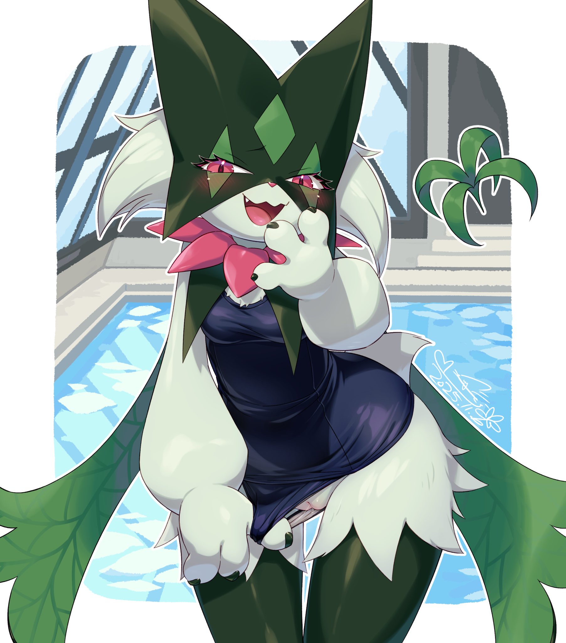 3 fingers, anthro, blush, bodily fluids, breasts, claws, clothing, cotora, cute fangs, eyelashes, fangs, female, finger claws, fingers, flower (anatomy), fur, generation 9 pokemon, genital fluids, genitals, green body, green fur, hi res, jagged mouth, mask, meowscarada, nintendo, open mouth, pink eyes, pink nose, pokemon, pokemon (species), pool, solo, swimwear, teeth, vaginal fluids, vulva, water