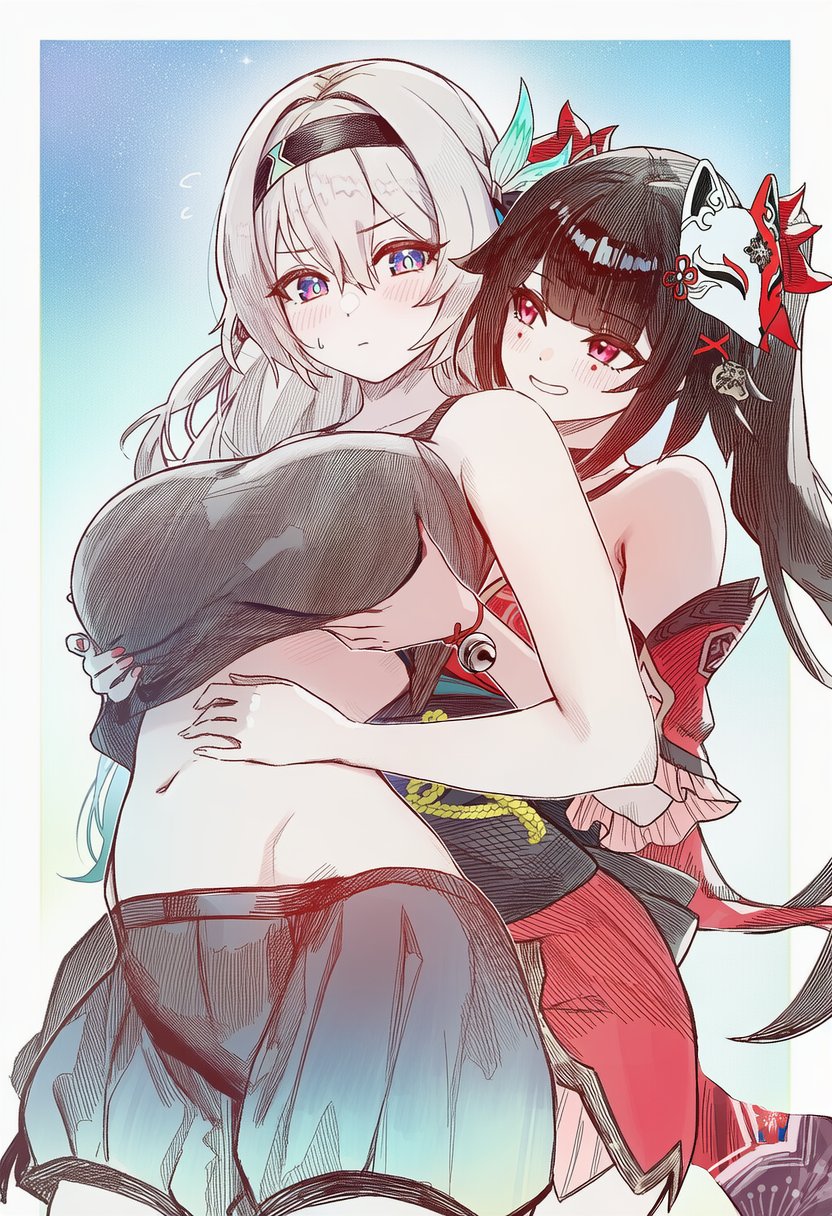 2girls, belly, firefly (honkai: star rail), groping breasts, groping from behind, hairband, honkai: star rail, large breasts, long hair, sparkle (honkai: star rail), yuri