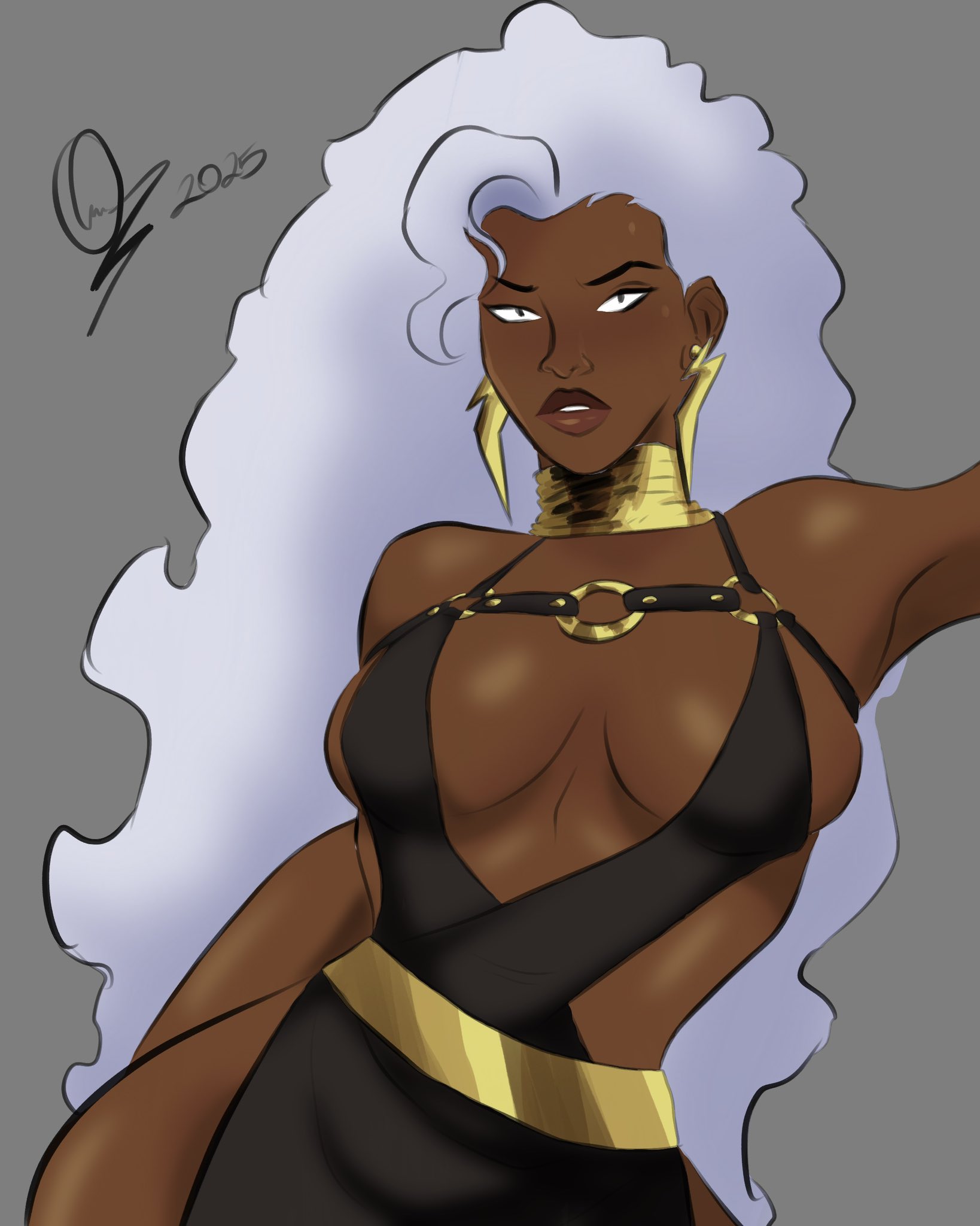 african, african female, armpits, arms up, big breasts, black female, breasts, cleavage, dark skin, dark-skinned female, dot eyes, dress, earrings, female, female only, hips, inner sideboob, lewdicdraws, long hair, marvel, marvel comics, neckwear, ororo munroe, revealing clothes, revealing dress, shoulders, sideboob, solo, solo female, solo focus, storm (x-men), white hair, x-men