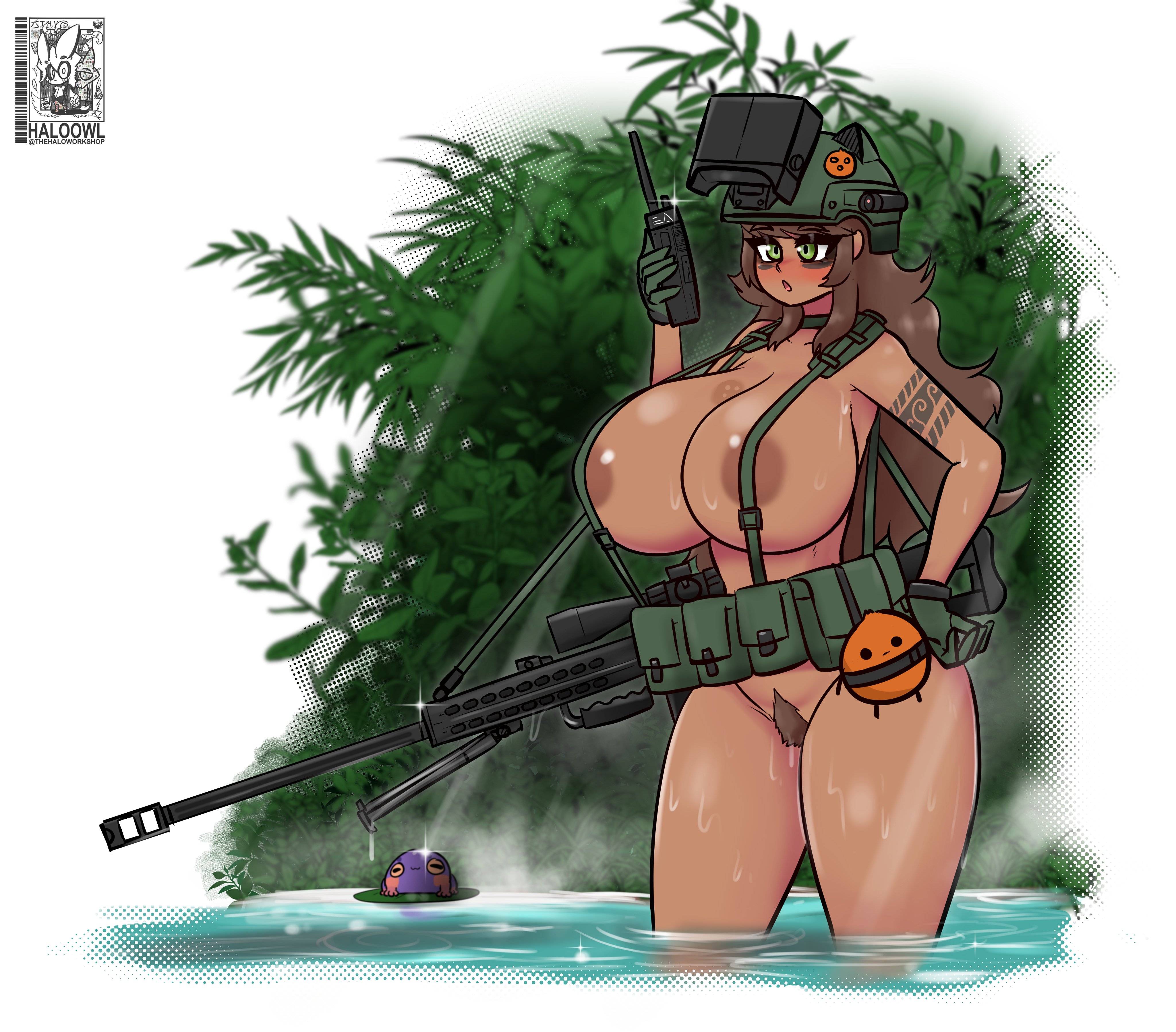1girls, 2025, big breasts, big butt, brown hair, camila (investorinlewds), curvy, curvy female, female, female only, fit, fit female, gloves, gun, haloowl, military uniform, necklace, no bra, nude, nude female, pubic hair, sniper rifle, sole female, tattoo, thick legs, thick thighs, uniform, uniform sex