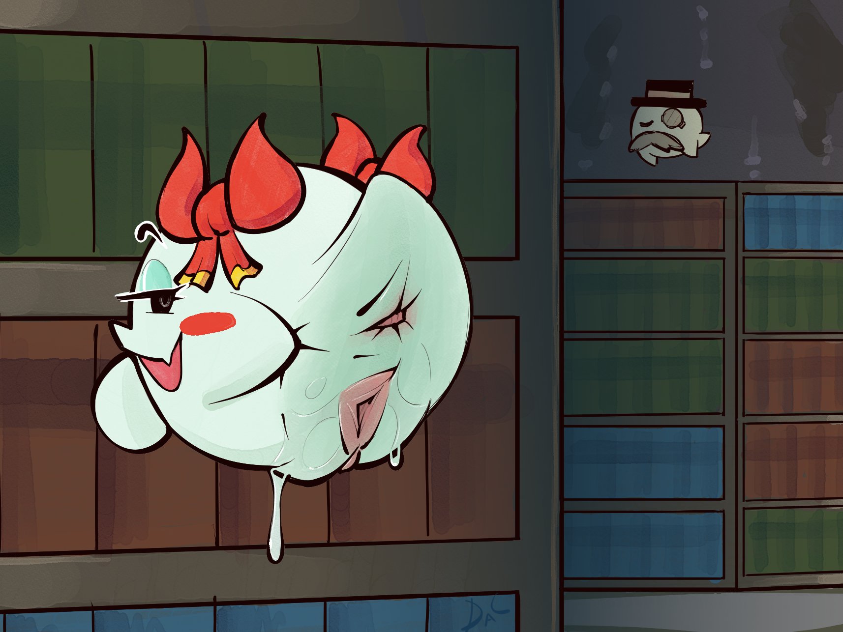 1boy, 1girls, anus, ass, boo (mario), bootler, daclusia, lady bow, mario (series), nintendo, nude, paper mario, paper mario: the thousand-year door, presenting anus, presenting hindquarters, presenting pussy, waddling head