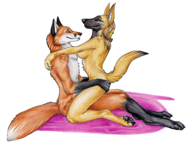 anthro astride canine closed_eyes cowgirl_position female fox fur furry german_shepherd gsd kneeling korrok male sex straight