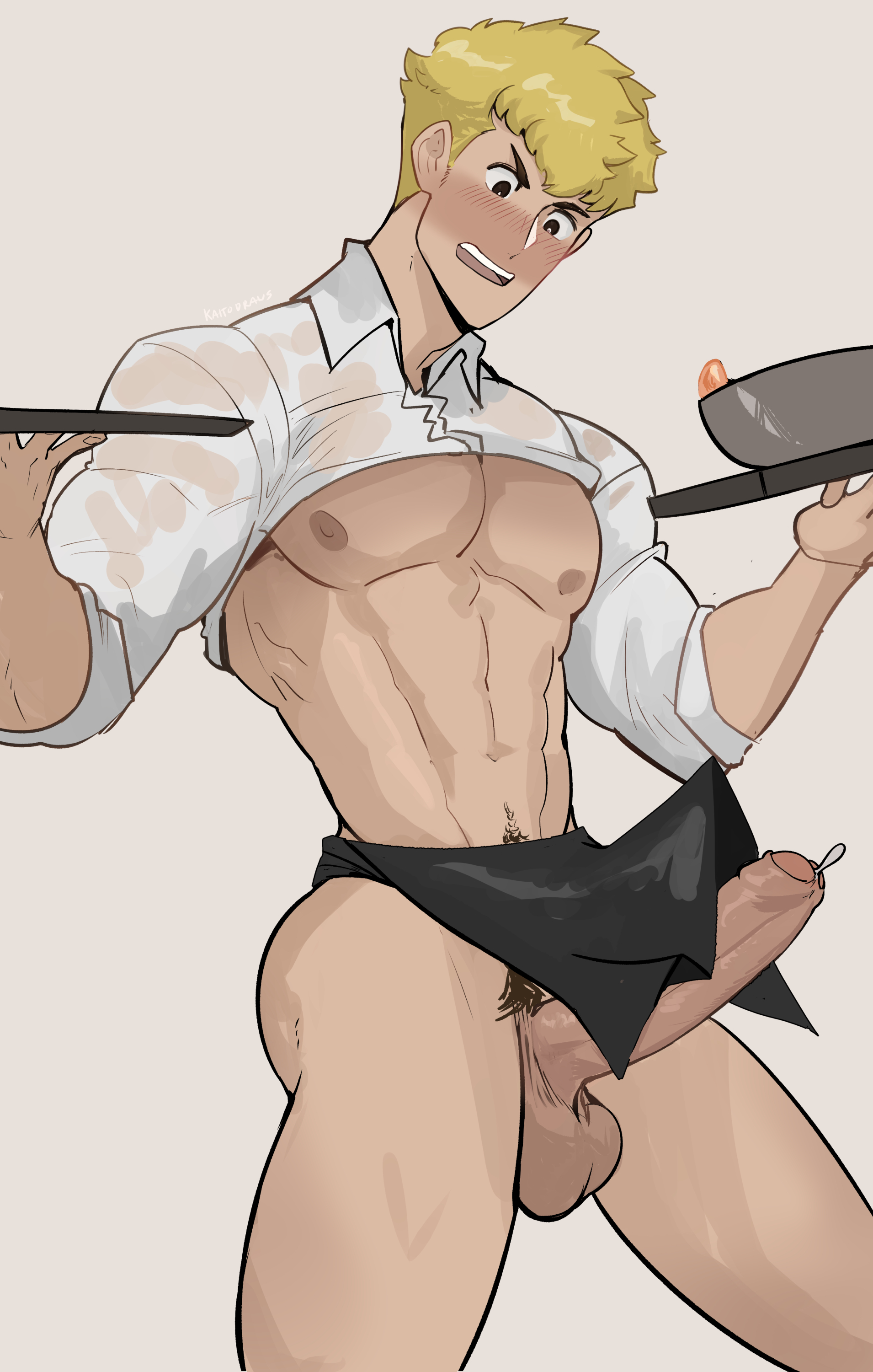 abs, balls, bara, biceps, big balls, big penis, blonde hair, cum, erection, genital fluids, kaito draws, male, male nipples, male only, manly, muscular male, nipples, nude, pecs, penis, persona, persona 5, ryuji sakamoto