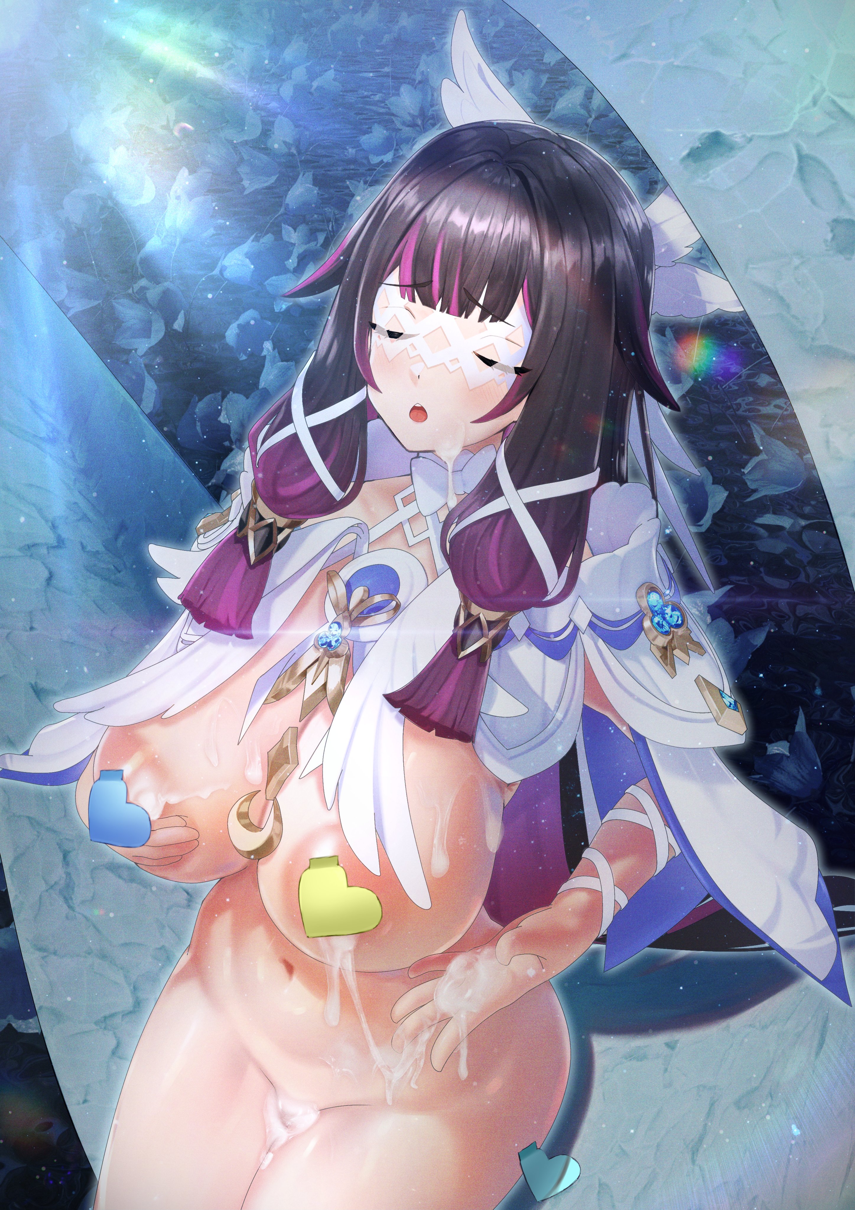 1girls, big areola, big ass, blush, closed eyes, columbina (genshin impact), covered in cum, covered nipples, cum, female focus, female only, genshin impact, huge breasts, long hair, mostly nude, peroperoperori, solo female, thick thighs, wide hips