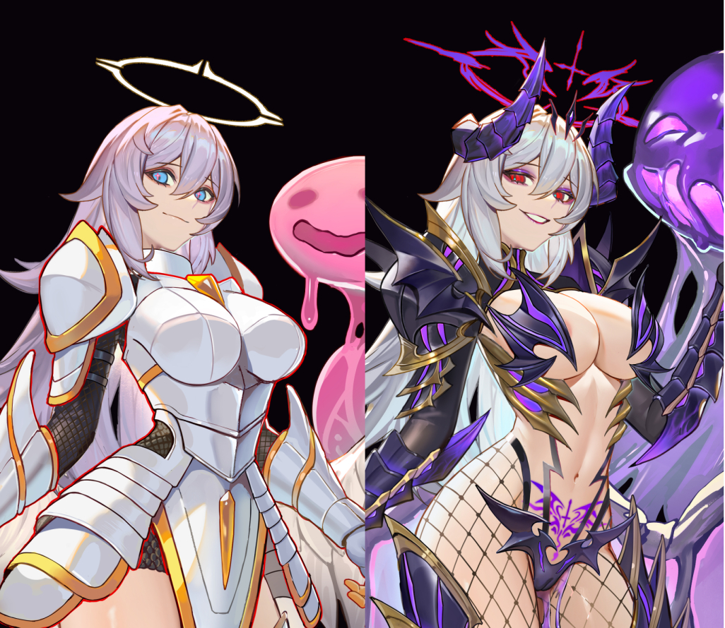 1girls, 2koma, absurdres, angel wings, armor, armored boots, bare thighs, bikini armor, black background, blue eyes, boobplate, boots, breasts, claw ring, claws, commission, corruption, dark persona, demon girl, demon horns, demon tail, demon wings, faulds, feathered wings, female, female only, fishnets, full body, full-body tattoo, gauntlets, grey hair, grin, halo, high heels, highres, horns, instant loss, instant loss 2koma, large breasts, long hair, looking at viewer, low wings, navel, original, pubic tattoo, red eyes, shen hai ichigo, shoulder armor, slime (creature), slit pupils, smile, solo, spiked halo, stomach, succubus, tail, tattoo, thick thighs, thigh boots, thighs, transformation, variant set, wings
