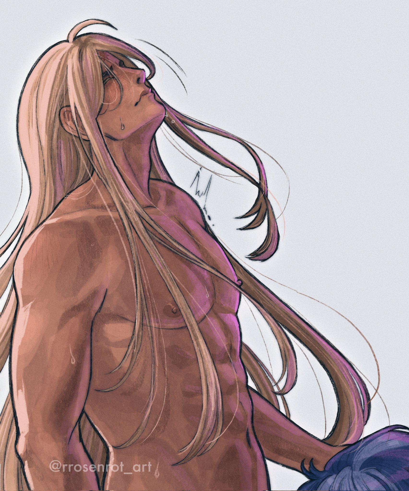 2boys, abs, awakened pure vanilla cookie, blush, blush lines, blushing, cookie run, cookie run kingdom, first post, long hair, naked, nipples, no clothes, pure vanilla cookie, rrosenrot art, shadow milk cookie, sweat, sweatdrop, sweating, twitter