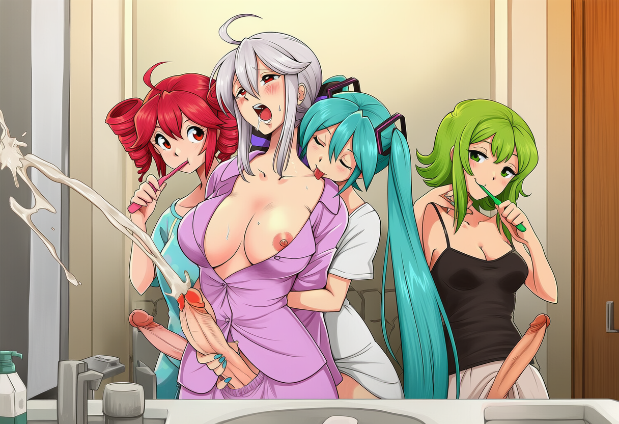 4girls, ahoge, ai generated, aqua hair, bathroom, blush, breasts, brushing teeth, casual, cleavage, closed eyes, collarbone, cum, cumming, drill hair, ejaculation, erection, faucet, futa with female, futa with futa, futanari, green eyes, green hair, grey hair, gumi, handjob, hatsune miku, indoors, kasane teto, large breasts, licking, long hair, medium breasts, mirror, mole on breast, multiple girls, multiple penises, nail polish, nipple slip, nipples, nolumel, open mouth, pajamas, penis, projectile cum, reach around, red eyes, red hair, saliva, shirt, short hair, sink, tongue, tongue out, toothbrush, twin drills, twintails, uncensored, very long hair, vocaloid, voyakiloid, yowane haku