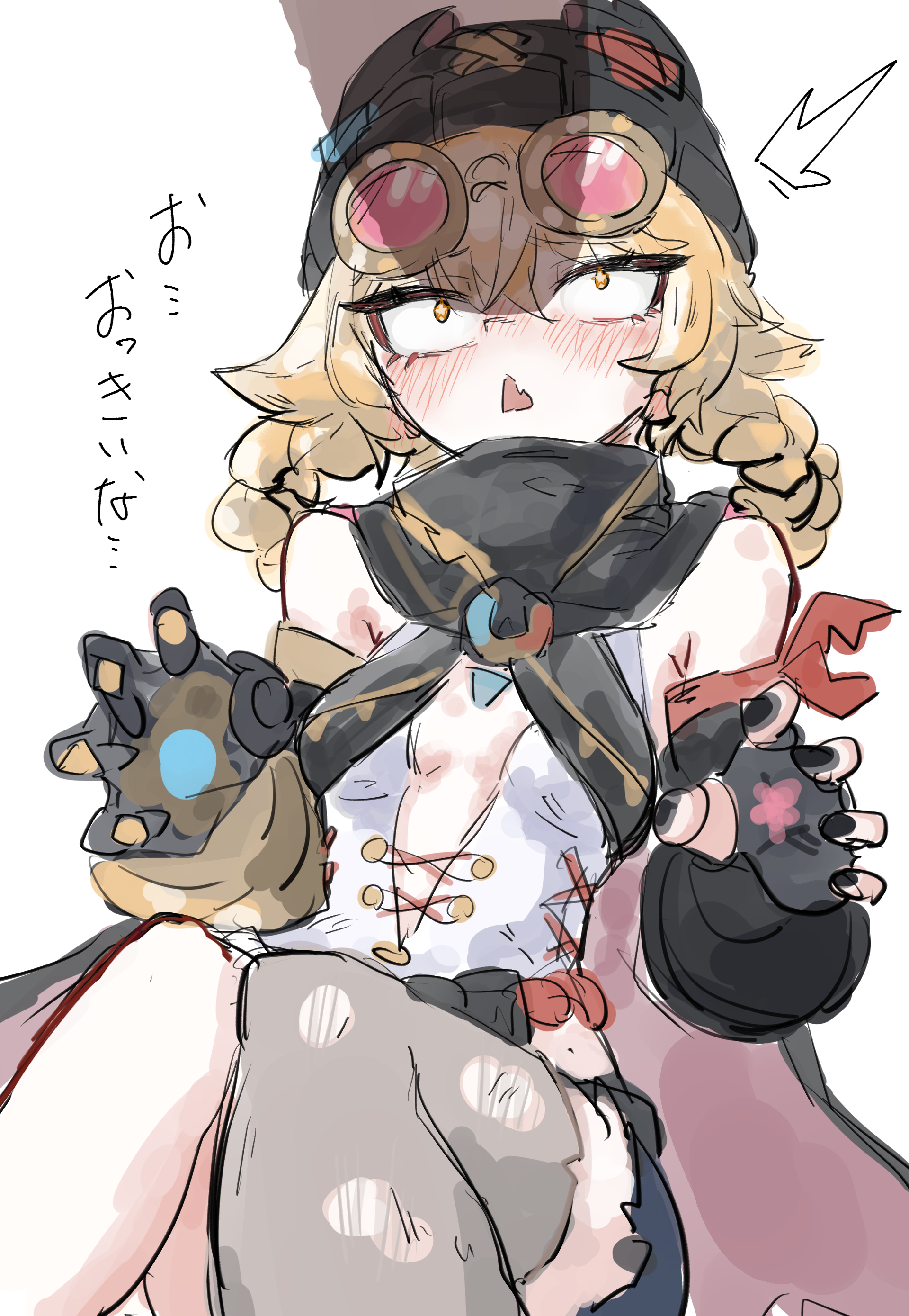 1boy, 1girls, blonde hair, blush, dang0r0moti, female, genshin impact, hoyoverse, imminent sex, jahoda (genshin impact), male, mihoyo, penis awe, penis shadow, surprised, twintails