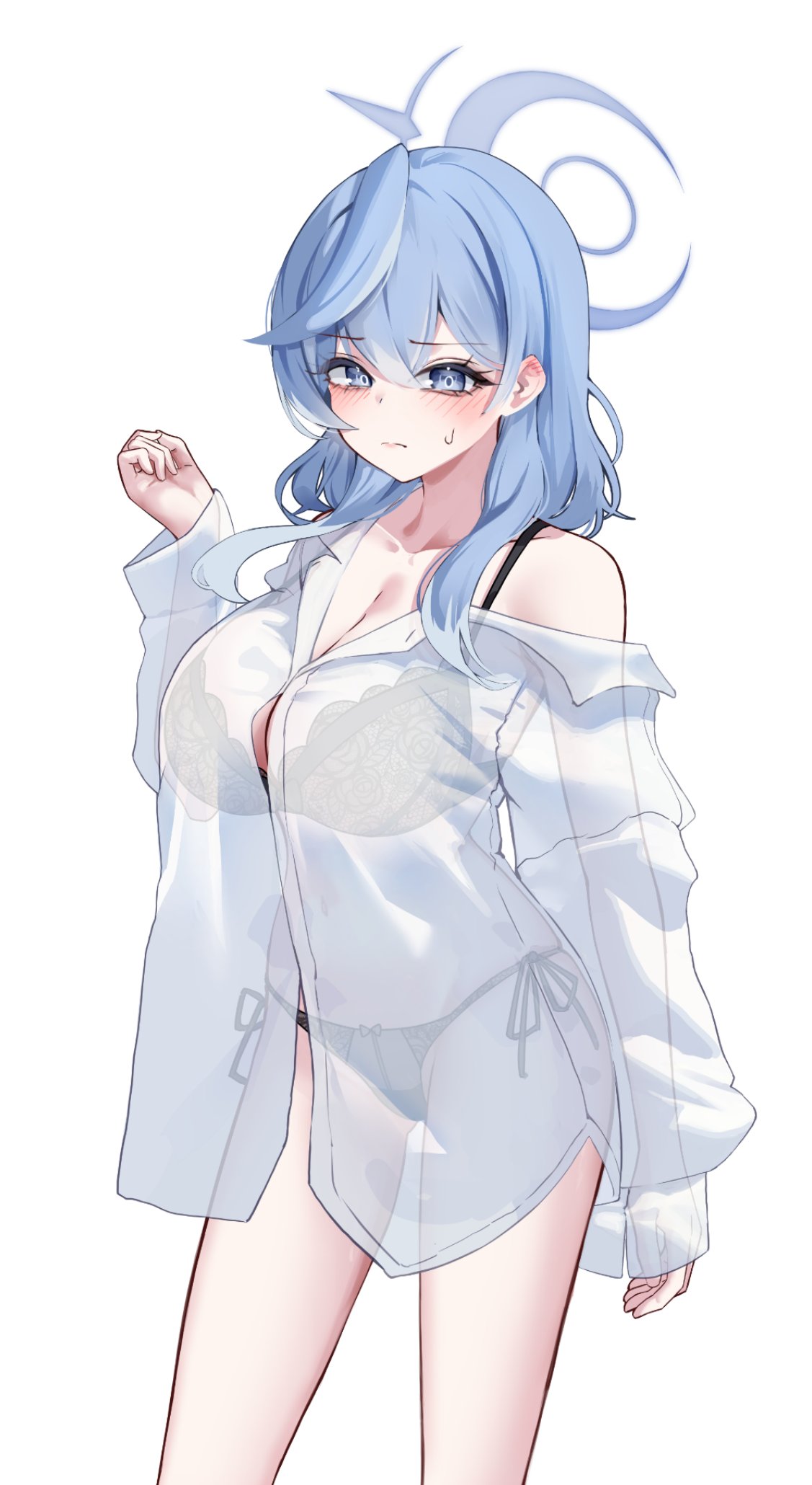 ako (blue archive), arm at side, black lingerie, blue archive, blush, closed mouth, collared shirt, embarrassed, gehenna academy student, lace trim, large breasts, looking at viewer, one arm up, prefect team (blue archive), see-through, shirt, simple background, sweatdrop, white background
