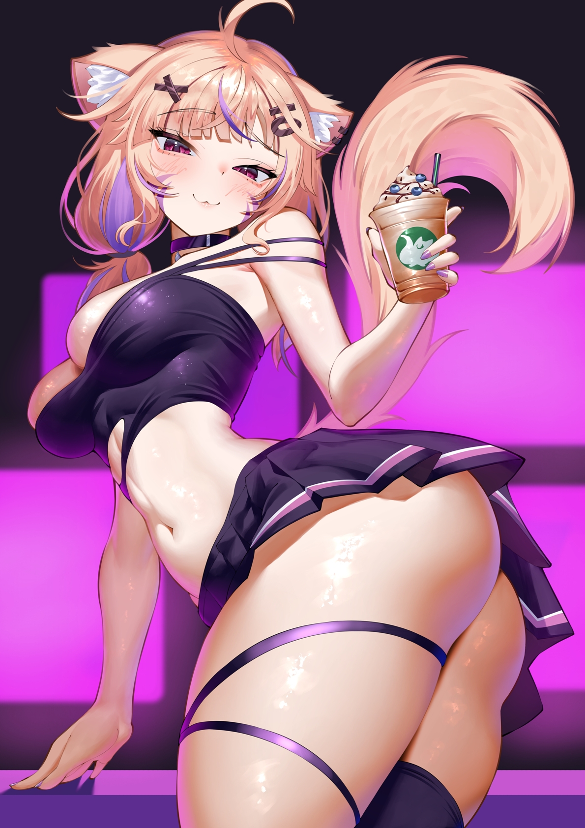:3, 1girls, ahoge, animal ears, ass, bare shoulders, black choker, black legwear, black shirt, black skirt, blonde hair, breasts, cat girl, choker, closed mouth, crop top, drink, facial mark, female, fingernails, hair ornament, hairclip, himeliofon, holding, holding drink, large breasts, long hair, looking at viewer, miniskirt, nail polish, navel, pink nails, pleated skirt, purple nails, single thighhigh, skindentation, skirt, smile, solo, squchan (vtuber), thighhighs, thighs, virtual youtuber, vyugen