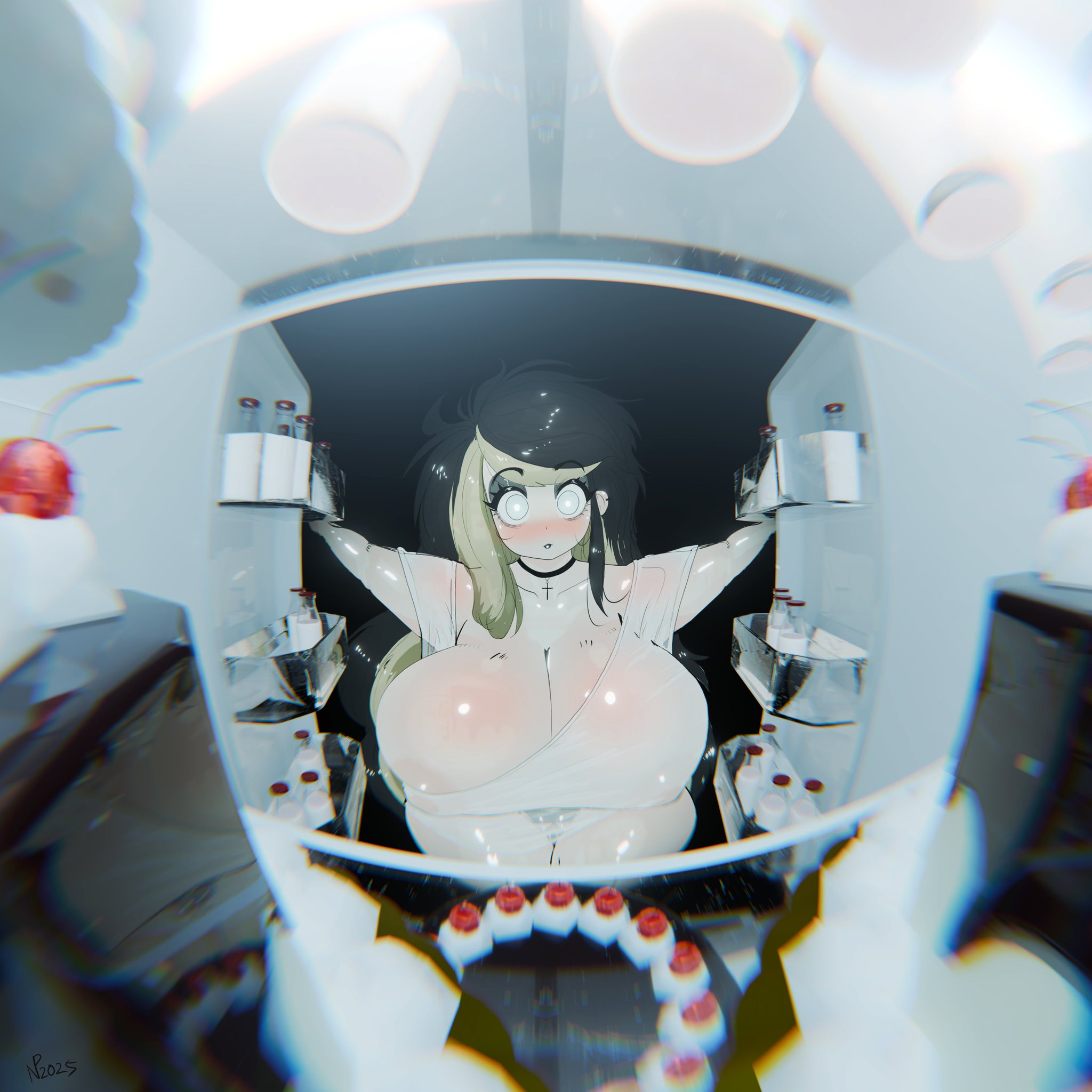 1girls, big breasts, black hair, blonde highlights, blue eyes, breasts, cake, cross necklace, curvy, curvy female, dress, english text, female, fridge, gausscannon, gigantic breasts, goth, goth girl, huge breasts, light blue eyes, light skin, milk, milk bottle, nipples visible through clothing, original, original character, revealing breasts, revealing clothes, scene hair, see-through, see-through clothing, see-through dress, text, thick thighs, tight clothing, two-tone hair, voluptuous, voluptuous female, wide hips