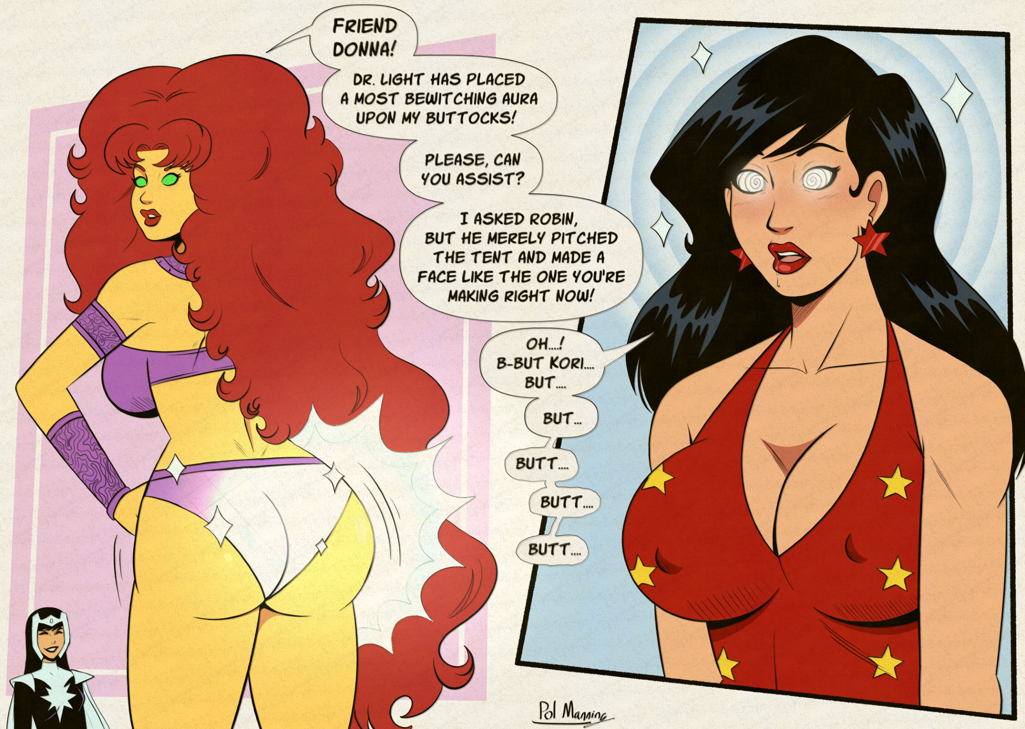 3girls, alien, alien girl, alien humanoid, artist name, asian, asian female, ass, big ass, big breasts, black hair, black lipstick, blush, bottom heavy, breasts, closed eyes, comic, dc, dc comics, dialogue, doctor light (kimiyo hoshi), donna troy, drool, drool on face, drool string, drooling, earrings, english, english text, female, female only, femsub, green eyes, hips, hollydolly, hypnosis, hypnotic ass, kimiyo hoshi, large ass, large breasts, lipstick, looking back, looking over shoulder, makeup, mind control, motion lines, nipple bulge, nipples, no pupils, panels, polmanning, red hair, red lipstick, simple background, speech bubble, spiral, spiral background, spiral eyes, star earrings, starfire, starfire (classic), starfire (comics), text, wide hips