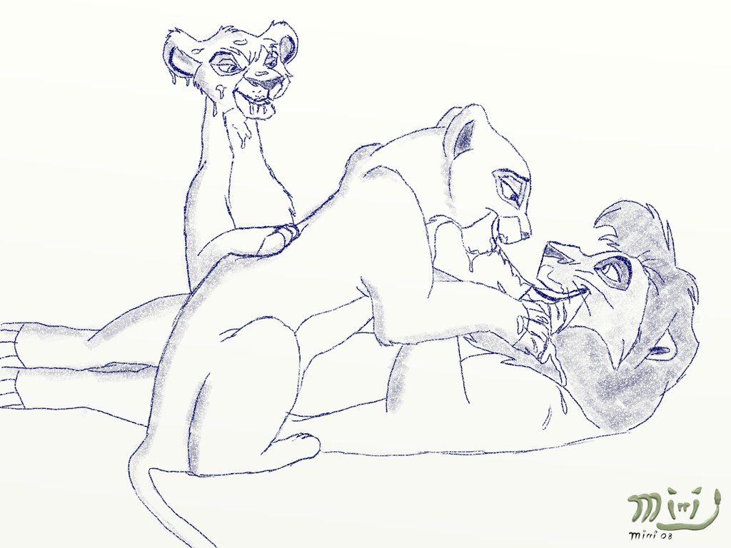 2008 brother_and_sister disney feline female female_feral feral incest kiara kovu lion lioness male mirri mirricat monochrome sketch snowballing the_lion_king the_lion_king_ii:_simba's_pride threesome vitani