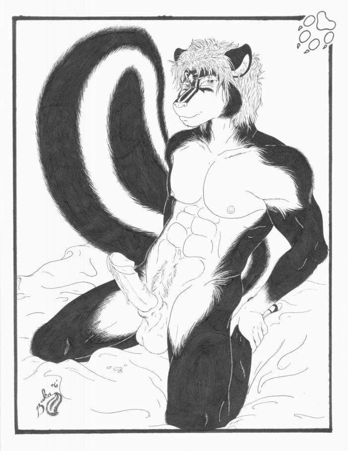 1boy 2006 bakusukonku balls duo_(character) erection furry glans male male_only monochrome nipples penis sheath skunk solo