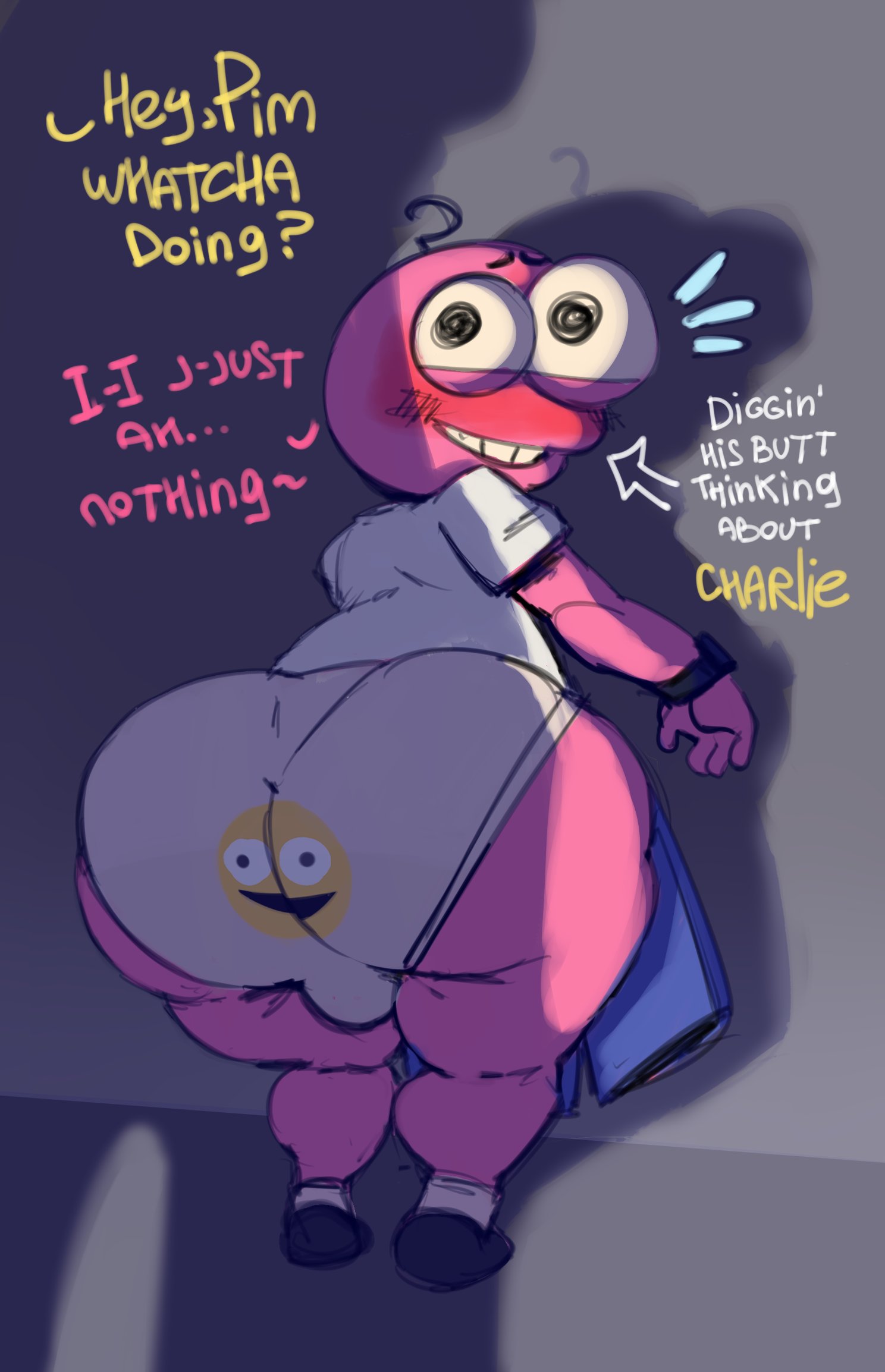 1boy, arrow (symbol), ass, backsack, big ass, big butt, blush, blush lines, bottom heavy, bottom heavy femboy, bubble ass, bubble butt, bulge, charlie (smiling friends), dat ass, dialogue, fat ass, fat butt, femboy, gay, gigantic ass, gigantic butt, huge ass, huge butt, large ass, large butt, looking back, male, male only, offscreen character, offscreen male, pim (smiling friends), remiman, smiling friends, solo, solo male, text, thick ass, thick butt, underwear, wristwatch
