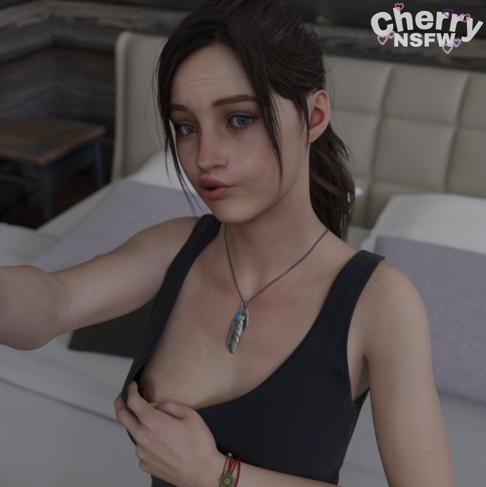 1girls, 3d, 3d (artwork), blue eyes, breasts, brown hair, capcom, cherrynsfw, claire redfield, claire redfield (jordan mcewen), exposed, exposed breast, female, female only, flashing, flashing breasts, necklace, nipples, no bra, one breast out, parted lips, presenting, presenting breast, presenting nipple, resident evil, solo
