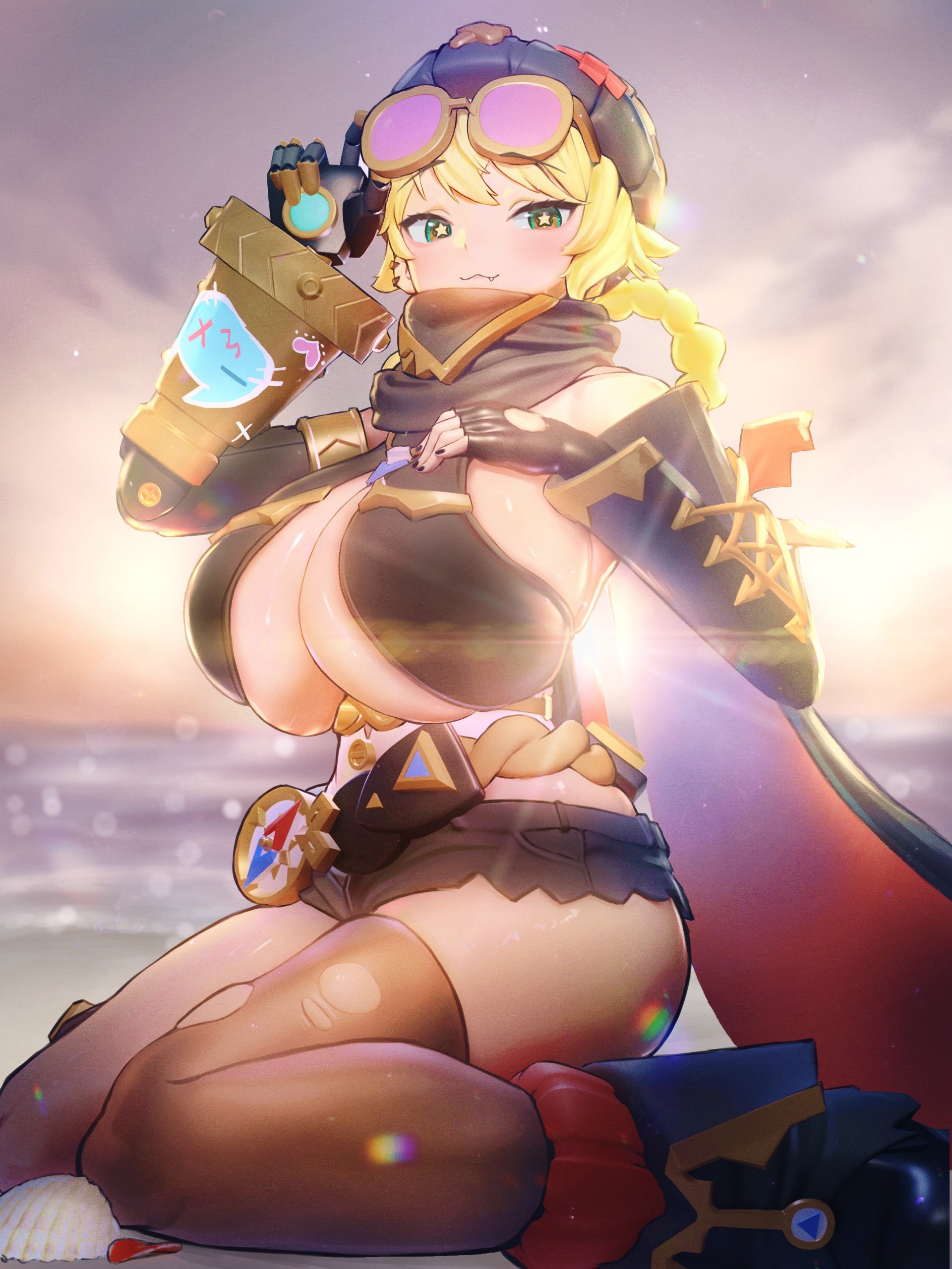 1girls, beach, beach background, big ass, blush, bottom heavy, breasts bigger than head, cute, cute fang, female focus, genshin impact, goggles, hand on breast, huge breasts, jahoda (genshin impact), looking at viewer, mostly clothed, peroperoperori, ripped stockings, robotic arm, skimpy, skimpy clothes, solo female, thick thighs