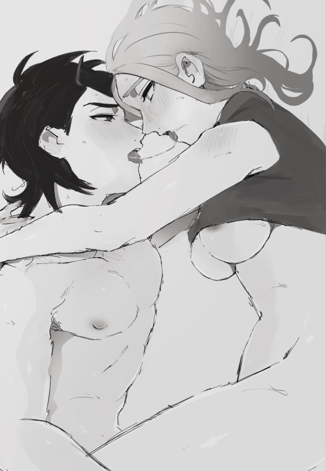 1boy, 1girls, after kiss, blush, bottomless, bottomless female, breasts, collarbone, cowgirl position, eye contact, from side, game freak, greyscale, kyouya (pokemon), looking at partner, looking at viewer, nintendo, nipple slip, paxton (pokemon), pokemon, pokemon legends: z-a, saliva, saliva trail, sex, shirt, shirt lift, straddling, straight, suwa (hdgjg40fwe92334), sweat, taunie (pokemon), toned, toned male, tongue, tongue out, townie (pokemon)
