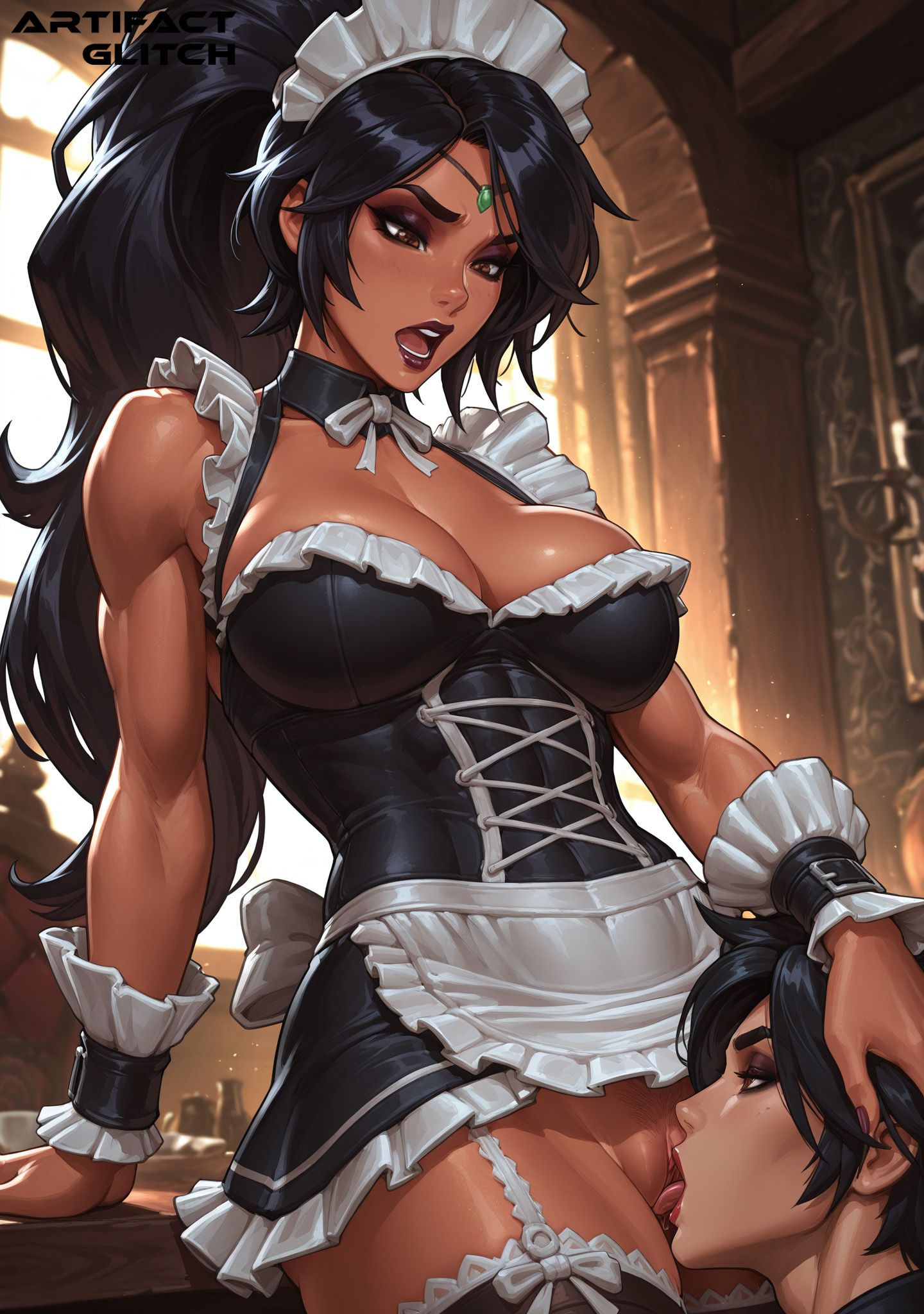 ai generated, artifactglitch, big breasts, black hair, brown eyes, chocker, cleavage, french maid, french maid nidalee, hand on head, head grab, league of legends, leggings, maid, maid headdress, maid outfit, maid uniform, nidalee, pussy, pussy licking, riot games, the grind series, thigh highs, thighhighs