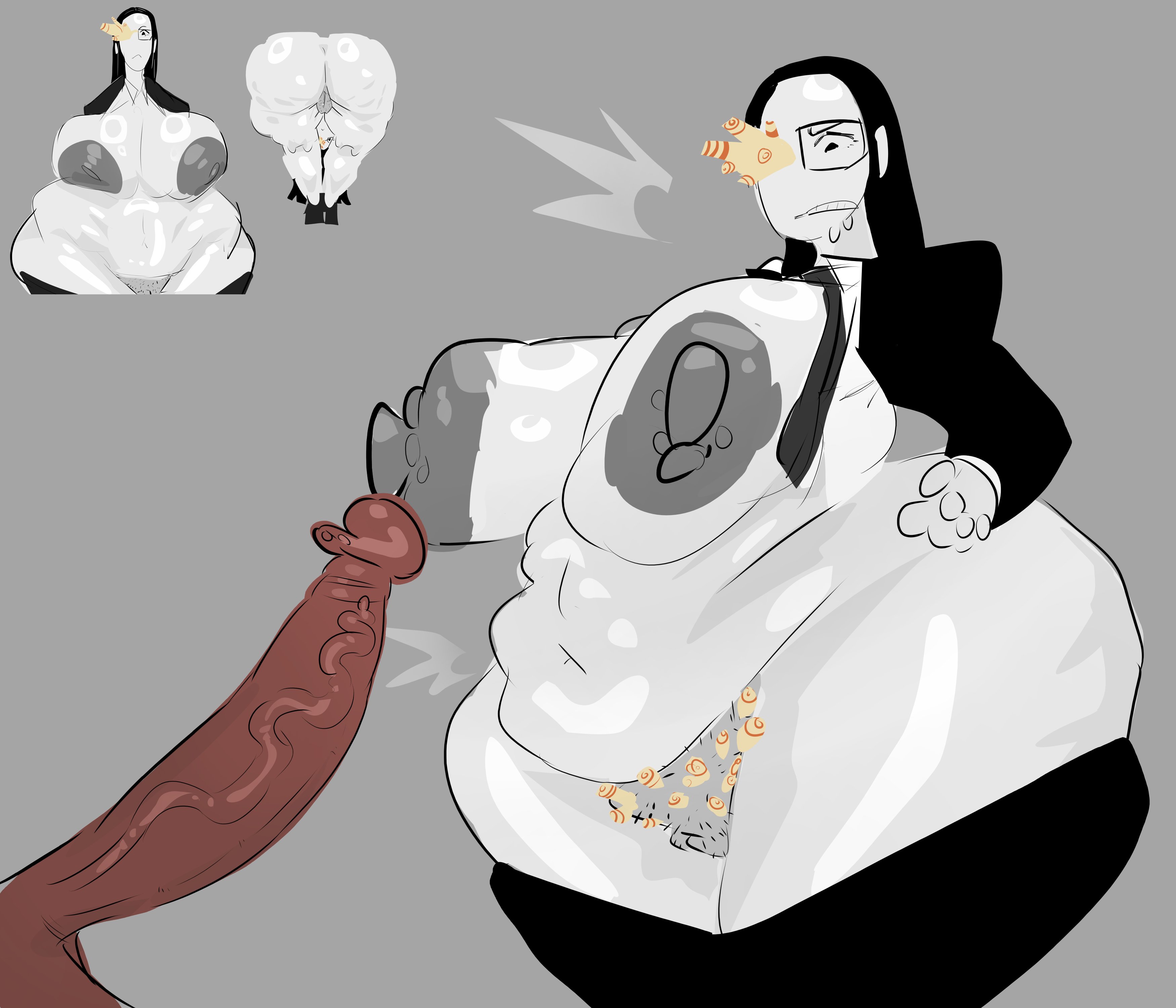 1boy, 1girls, 2025, 2025s, belly button, black hair, blush, chubby, cock, coral glasses, dark-skinned male, dick, dream bbq, ena (series), erect penis, erection, female, glands of montgomery, glasses, greaseyhair, grey background, grey nipples, large breasts, male, overgrown, penis, pubic hair, thick thighs, vein, veiny, veiny penis