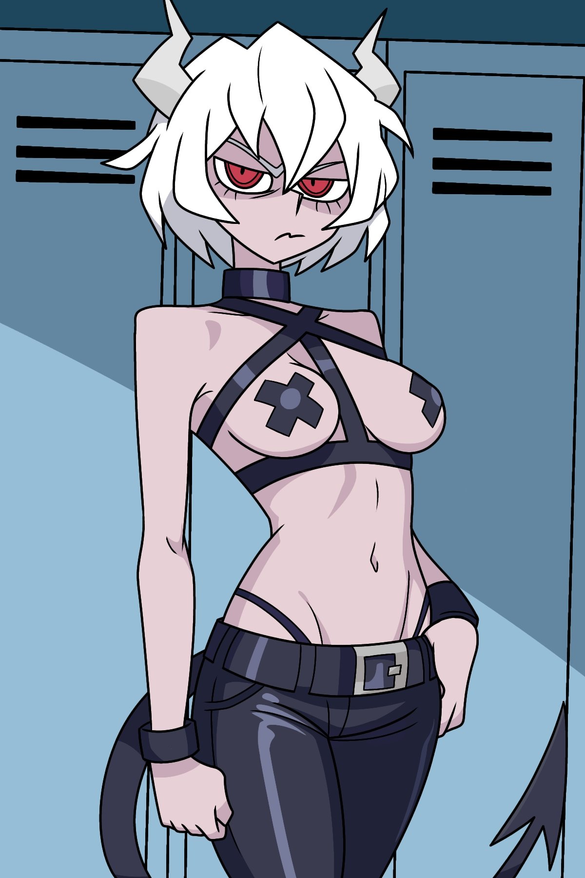 1girls, armwear, belt, big breasts, black pants, black pasties, black thong, bottomwear, bracelet, breasts, clothing, demon, demon girl, demon horns, demon tail, female, female only, gachimuchi, hair, harness, helltaker, horns, malina (helltaker), pants, pasties, red eyes, short hair, solo, solo female, tail, theuncledoomer, thong, white hair, x pasties