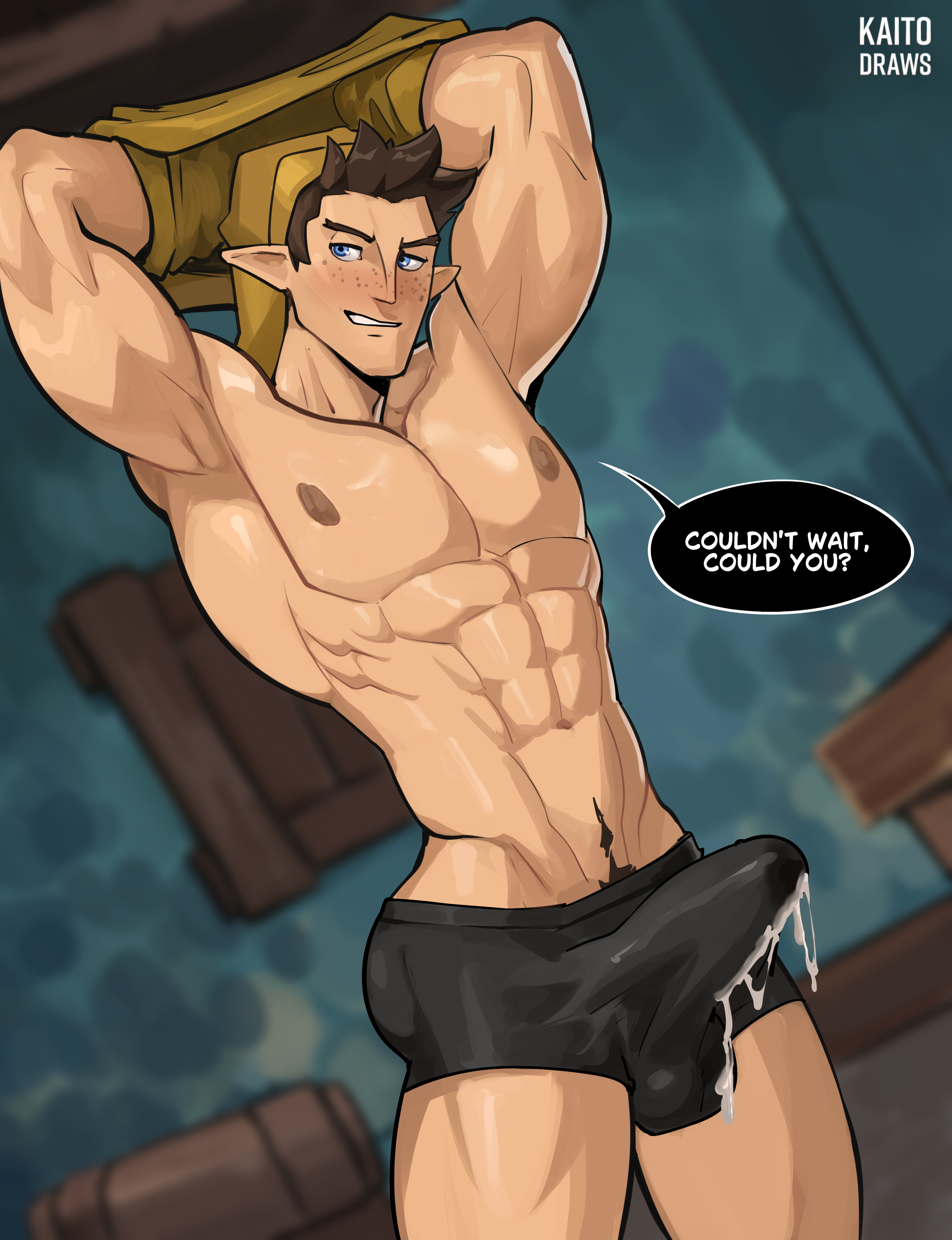 abs, bara, biceps, big bulge, bulge, cum, english text, erection under clothes, genital fluids, kaito draws, male, male nipples, male only, manly, muscular male, nintendo, nipples, pecs, penis outline, pipit, pubes, pubic hair, pubic hair peek, skyward sword, text, the legend of zelda, underwear