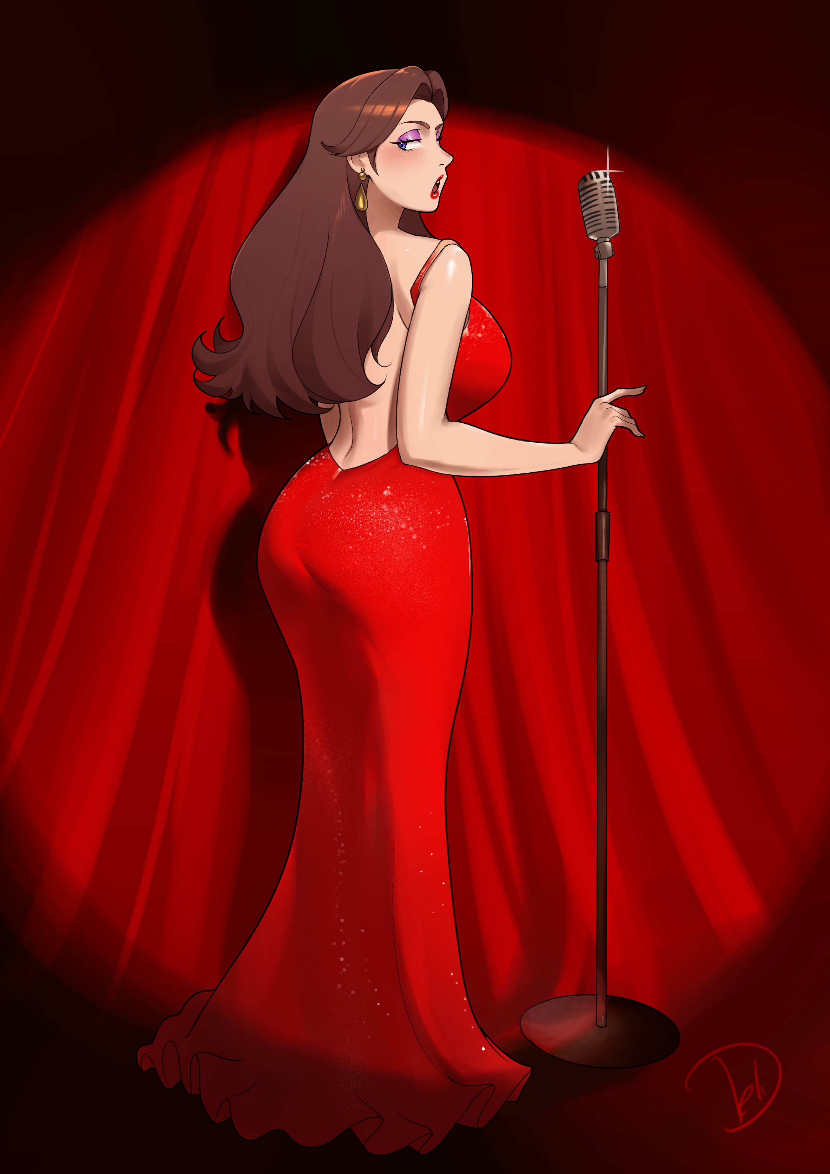 1girls, 2d, 2d (artwork), 4k, absurd res, absurdres, ass, back view, big ass, big breasts, big butt, brown hair, deliciousbra, deliciousbrain, digital drawing (artwork), digital media (artwork), eyeshadow, formal, formal wear, high resolution, highres, looking at viewer, looking back at viewer, looking over shoulder, mario (series), on stage, open mouth, open-back dress, pauline, red dress, red lipstick, solo, solo female, super mario bros., super mario odyssey
