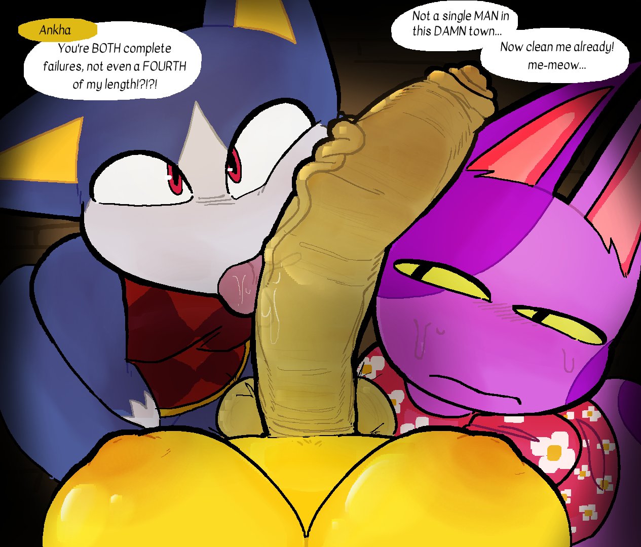 1futa, 2boys, animal crossing, ankha, anthro, awakecore, bob (animal crossing), cat ears, dialogue, foreskin, futa on male, futa pov, futanari, huge cock, licking penis, male, nintendo, penis against face, penis awe, penis on face, pov, recoverycore2, rover (animal crossing), sweat, text, yellow fur