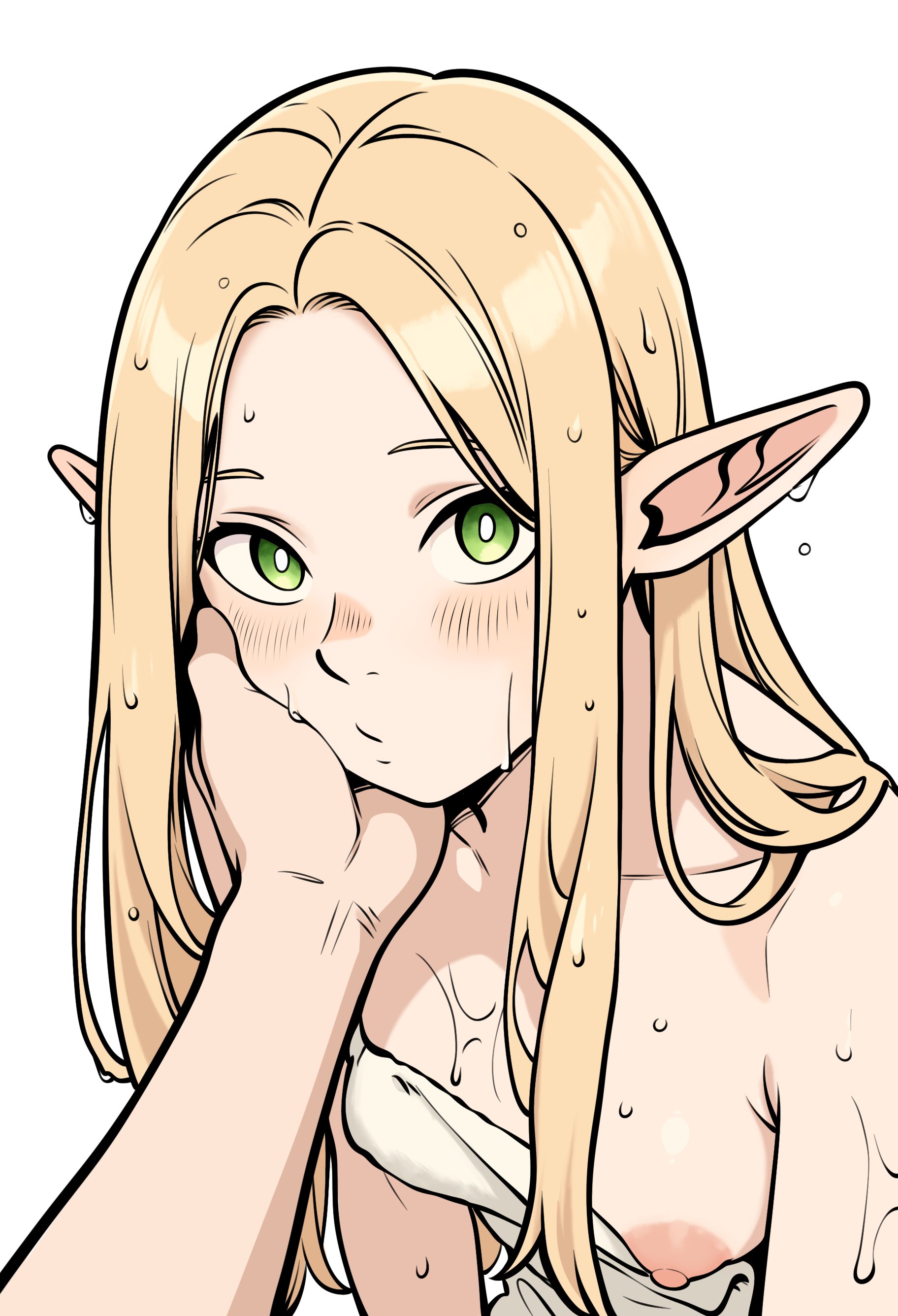 blonde hair, dungeon meshi, elf, elf ears, elf female, elf girl, green eyes, marcille donato, mordredpenx, nipples, tagme
